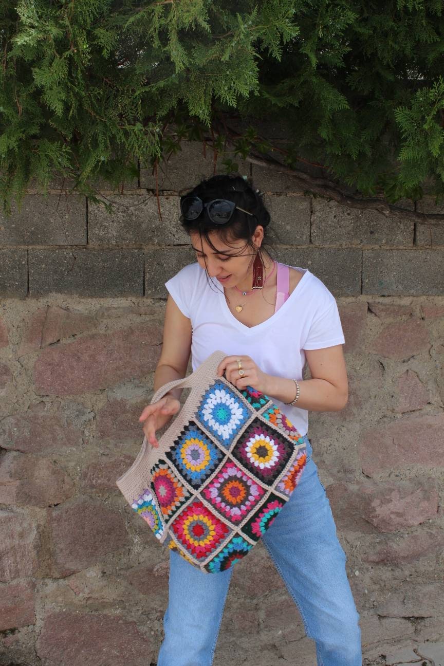 Crochet Boho Bag, Granny Square Shoulder Bag, Colorful Hippie Design, Unique Bohemian Retro Purse... — photo 5 of 10
