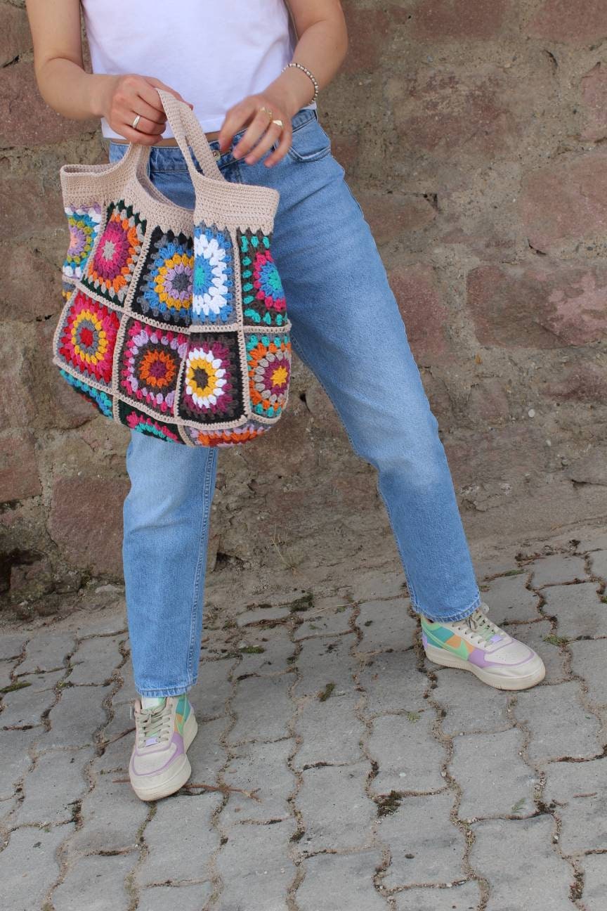 Crochet Boho Bag, Granny Square Shoulder Bag, Colorful Hippie Design, Unique Bohemian Retro Purse... — photo 6 of 10
