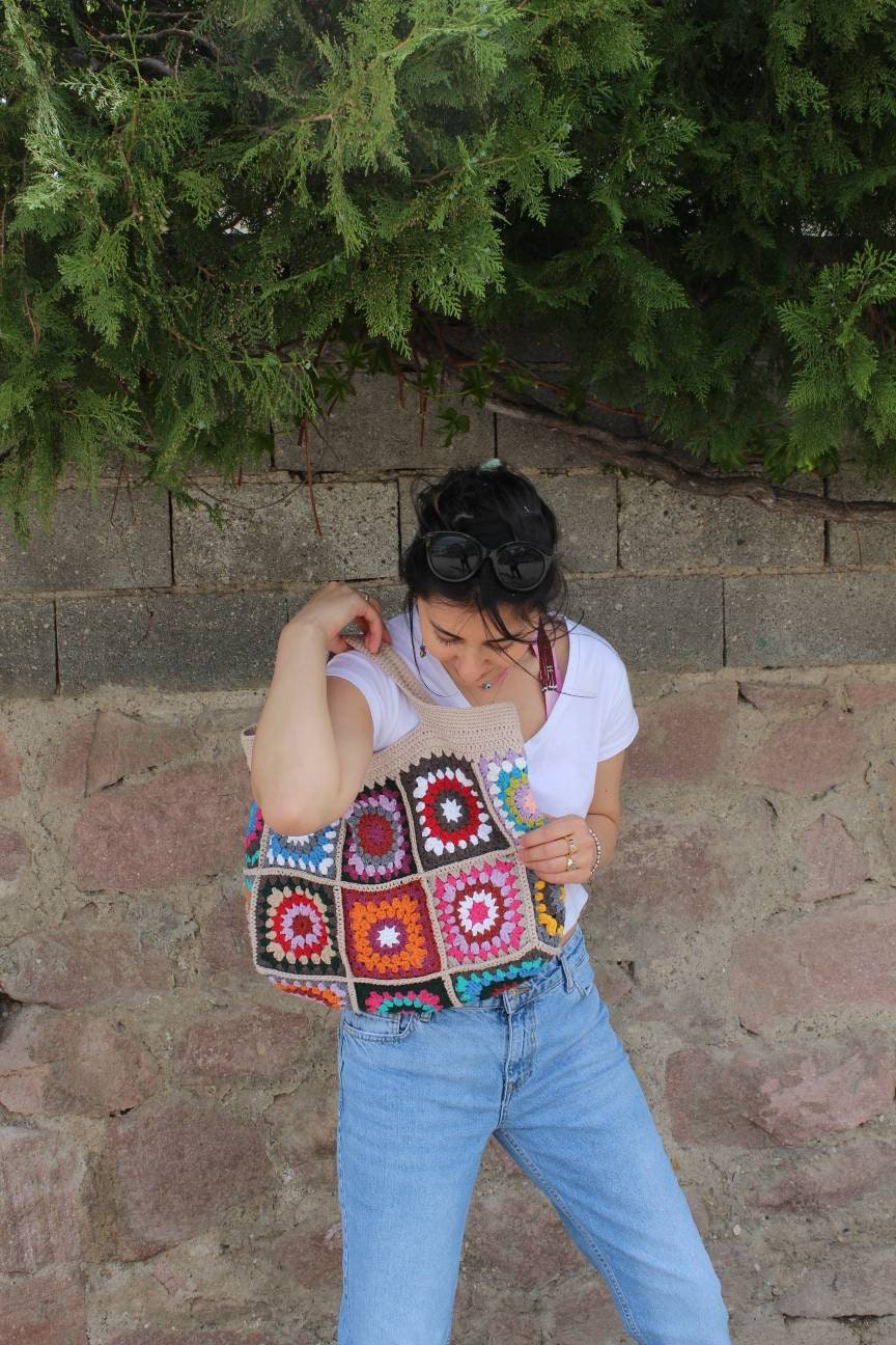 Crochet Boho Bag, Granny Square Shoulder Bag, Colorful Hippie Design, Unique Bohemian Retro Purse... — photo 7 of 10