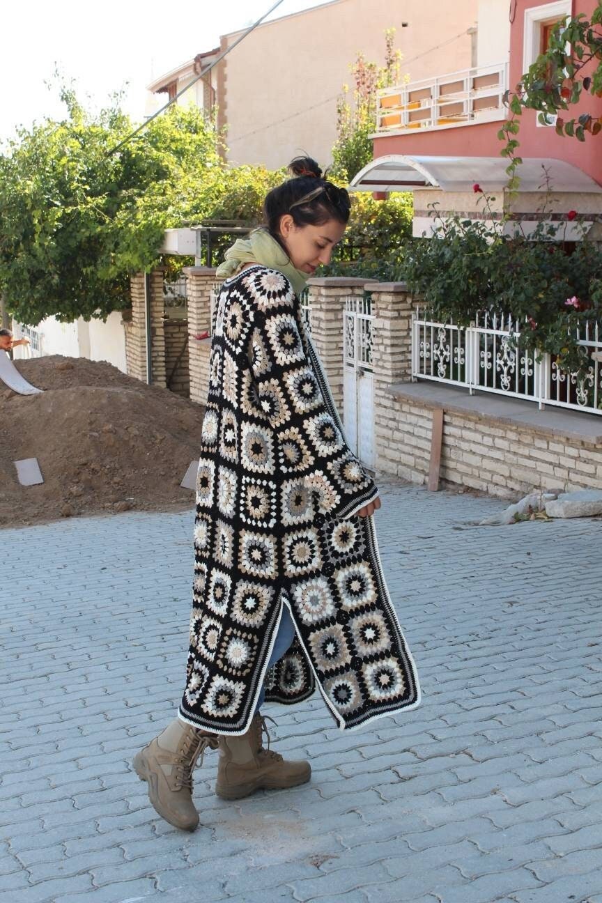 Crochet Cardigan, Granny Square Cardigan, Afghan Crochet, Long Granny Square Coat, Granny Square Coat, Boho Jacket, Granny Square Sweater