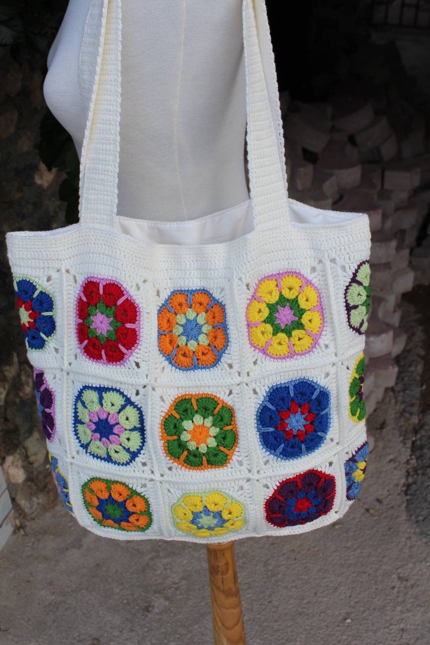 Crochet Daisy Bag, Granny Square Bag, Boho Bag, Afghan Crochet, Hippie Bag, Tote Bag, Shoulder Bag, Crochet Afghan Bag, Granny Square Purse