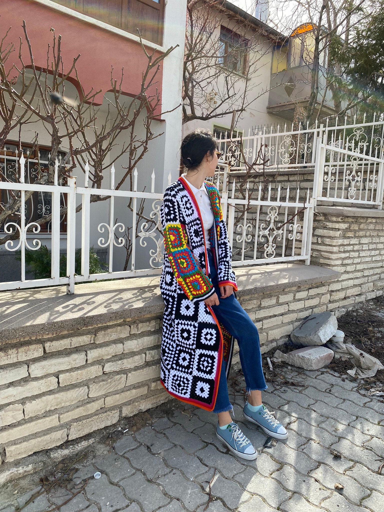 Crochet Granny Square Cardigan, Patchwork Jacket, Boho Coat, Long Granny Square Coat, Multicolor ... — photo 5 of 10