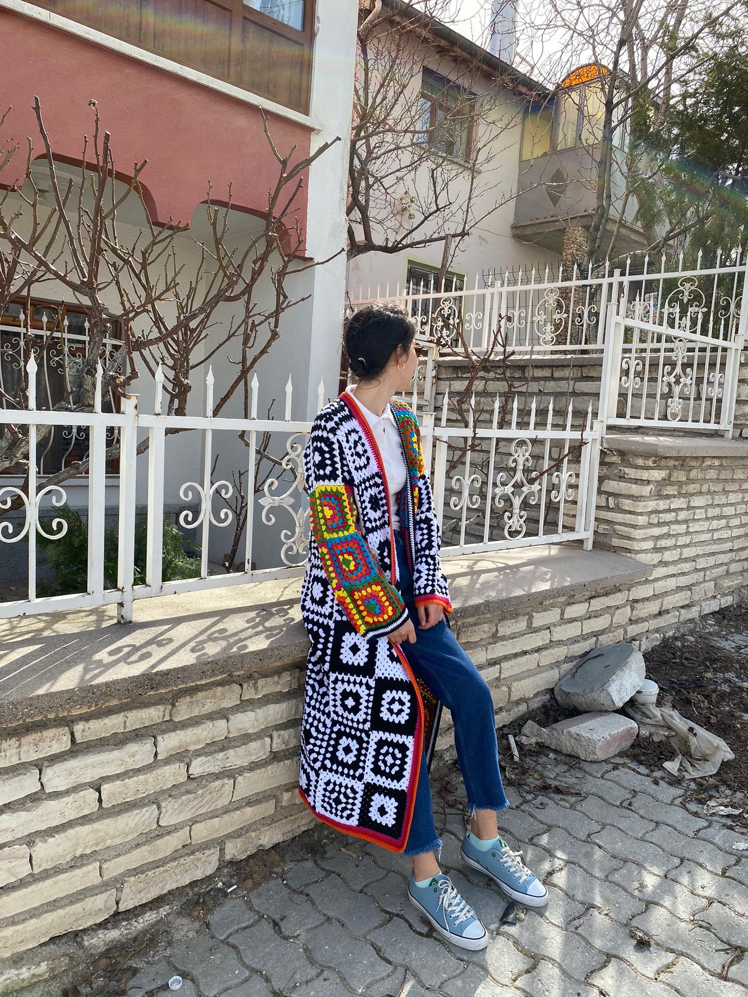 Crochet Granny Square Cardigan, Patchwork Jacket, Boho Coat, Long Granny Square Coat, Multicolor ... — photo 3 of 10