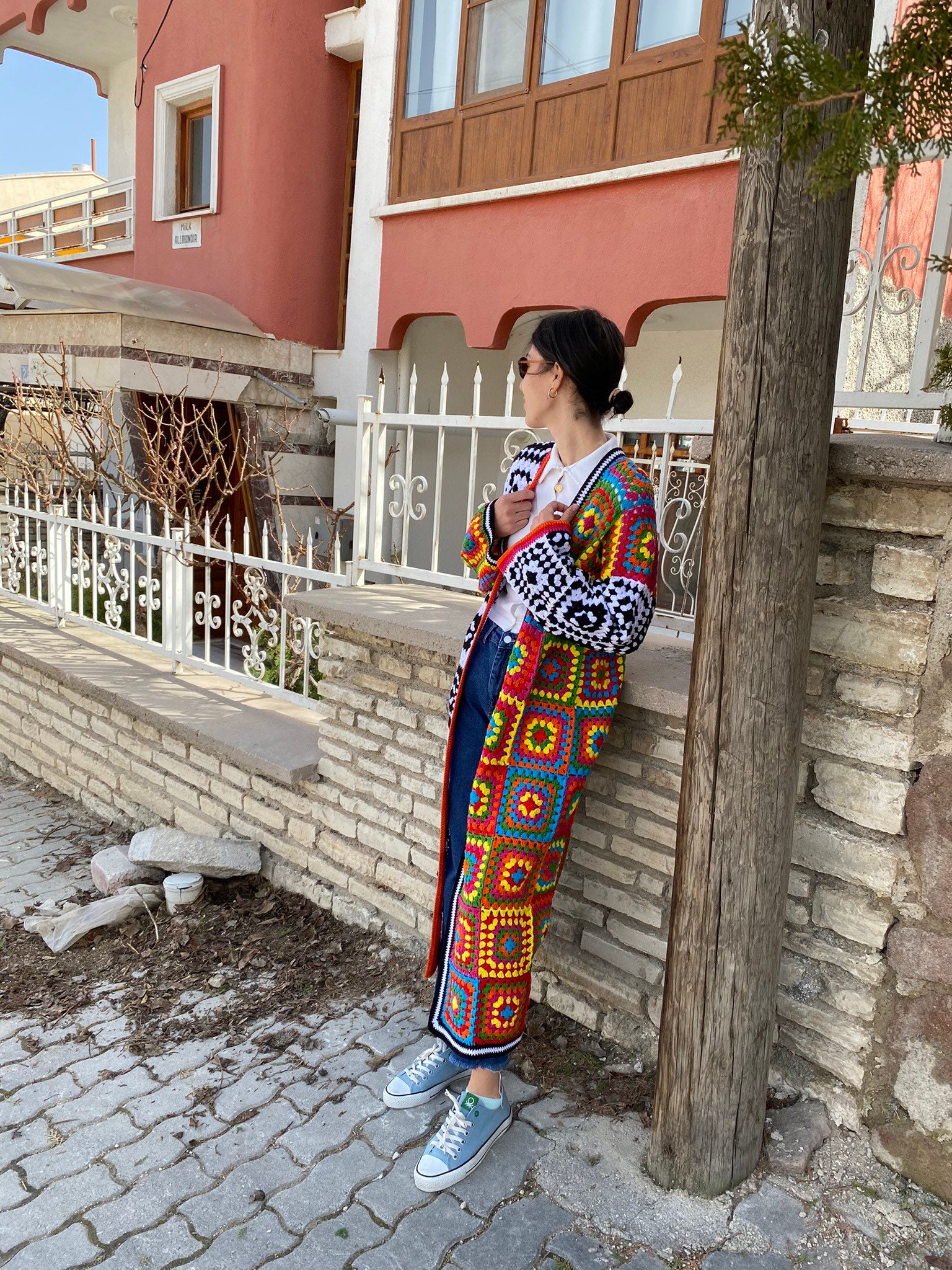 Crochet Granny Square Cardigan, Patchwork Jacket, Boho Coat, Long Granny Square Coat, Multicolor Granny Square Sweater, Afghan Cardigan