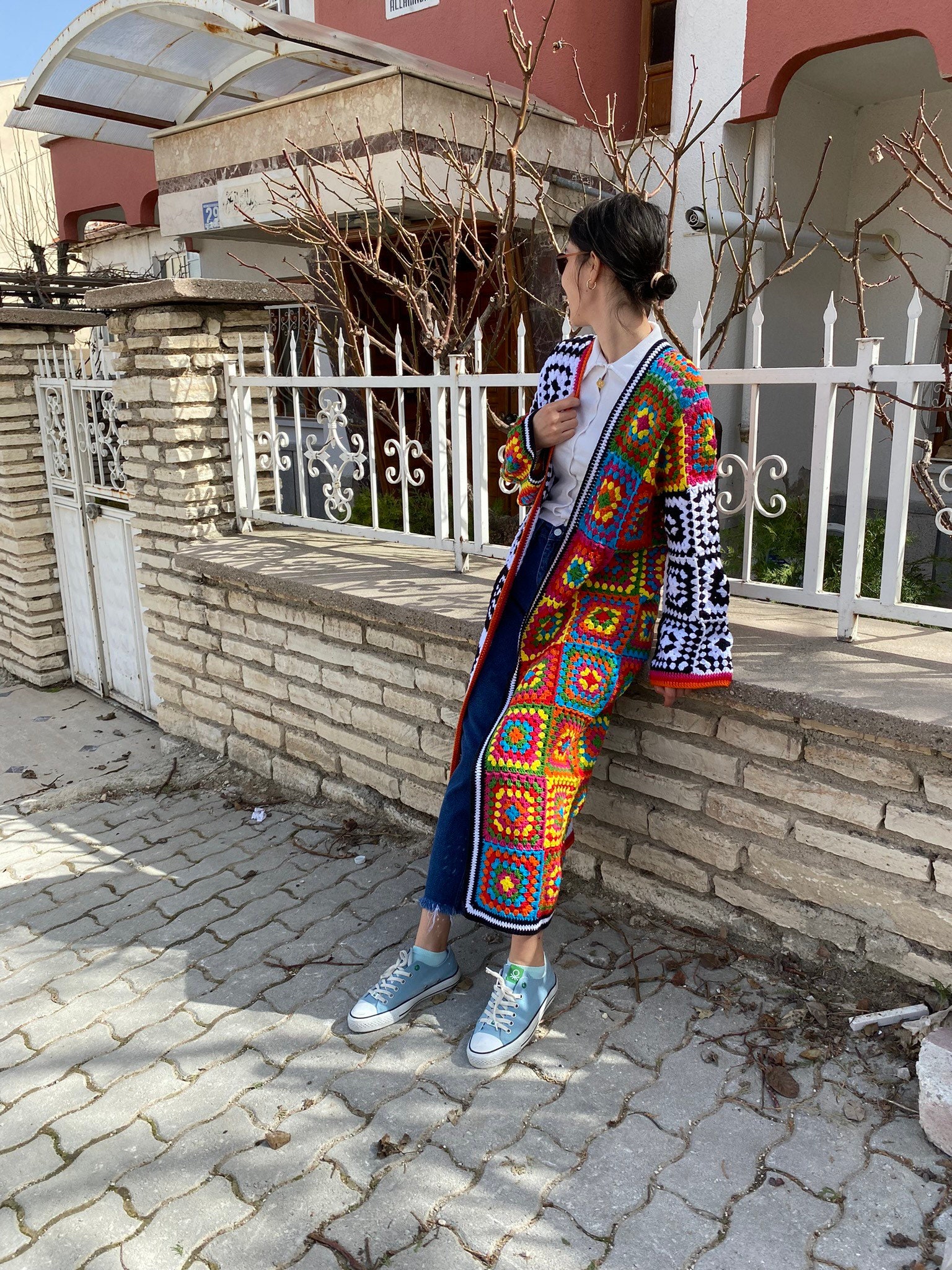 Crochet Granny Square Cardigan, Patchwork Jacket, Boho Coat, Long Granny Square Coat, Multicolor ... — photo 2 of 10