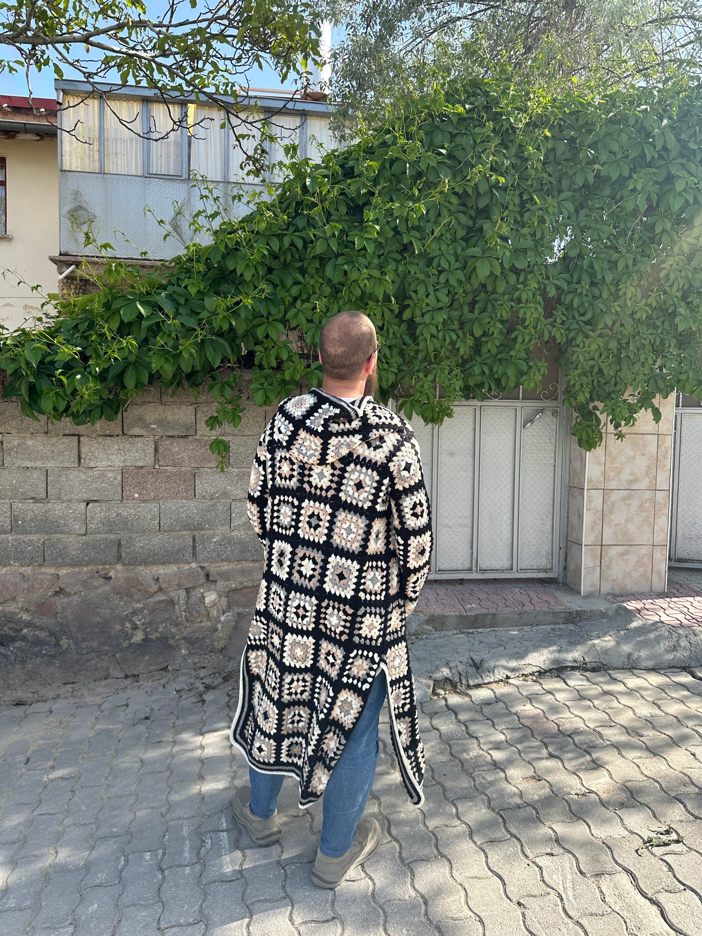 Crochet Hoodie Coat for Men in Black and White - Vintage Style Cardigan - Hippie Jacket for Men — photo 6 of 10