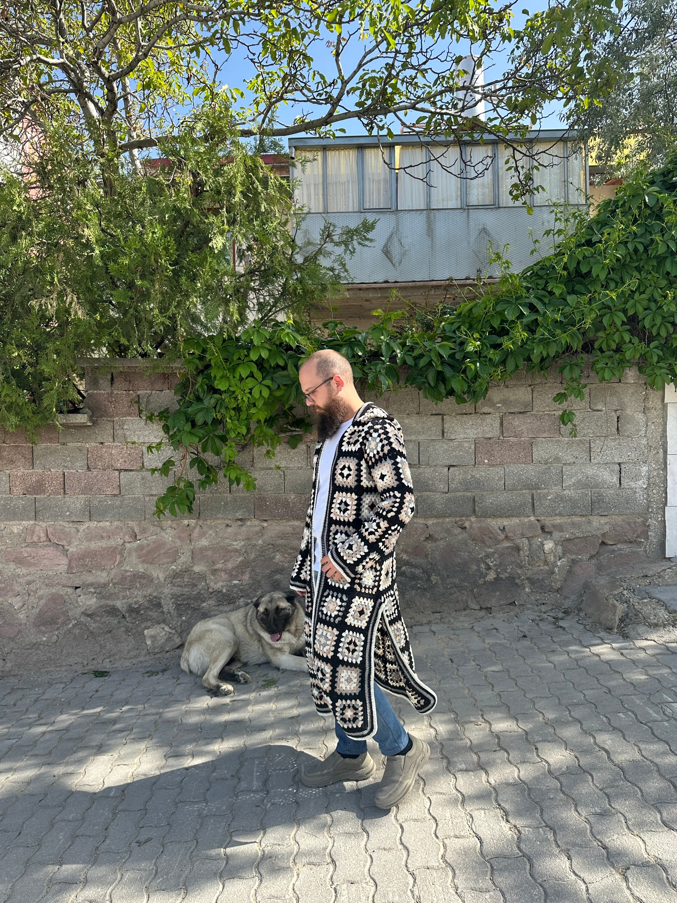 Crochet Hoodie Coat for Men in Black and White - Vintage Style Cardigan - Hippie Jacket for Men — photo 7 of 10