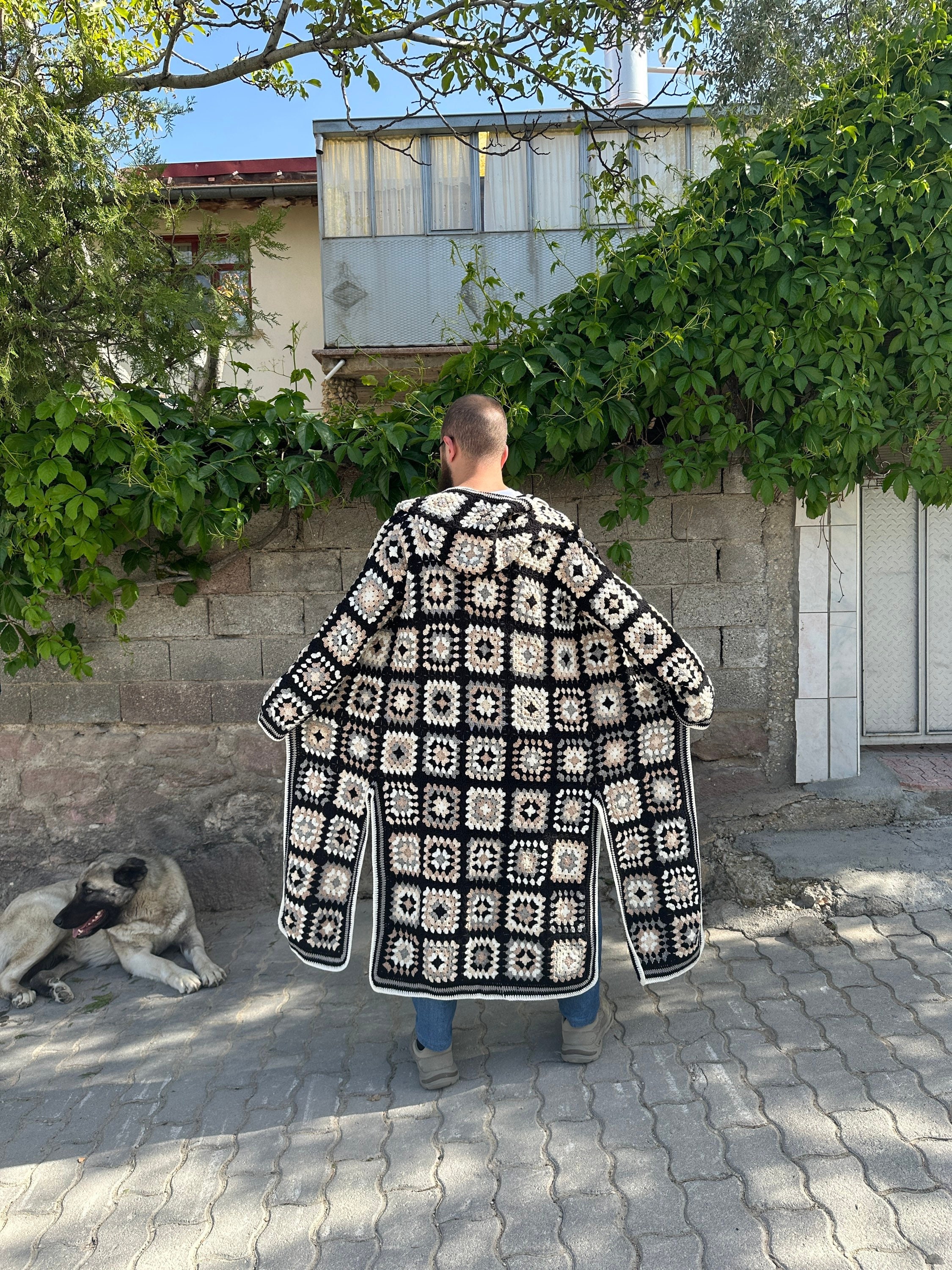 Crochet Hoodie Coat for Men in Black and White - Vintage Style Cardigan - Hippie Jacket for Men — photo 5 of 10