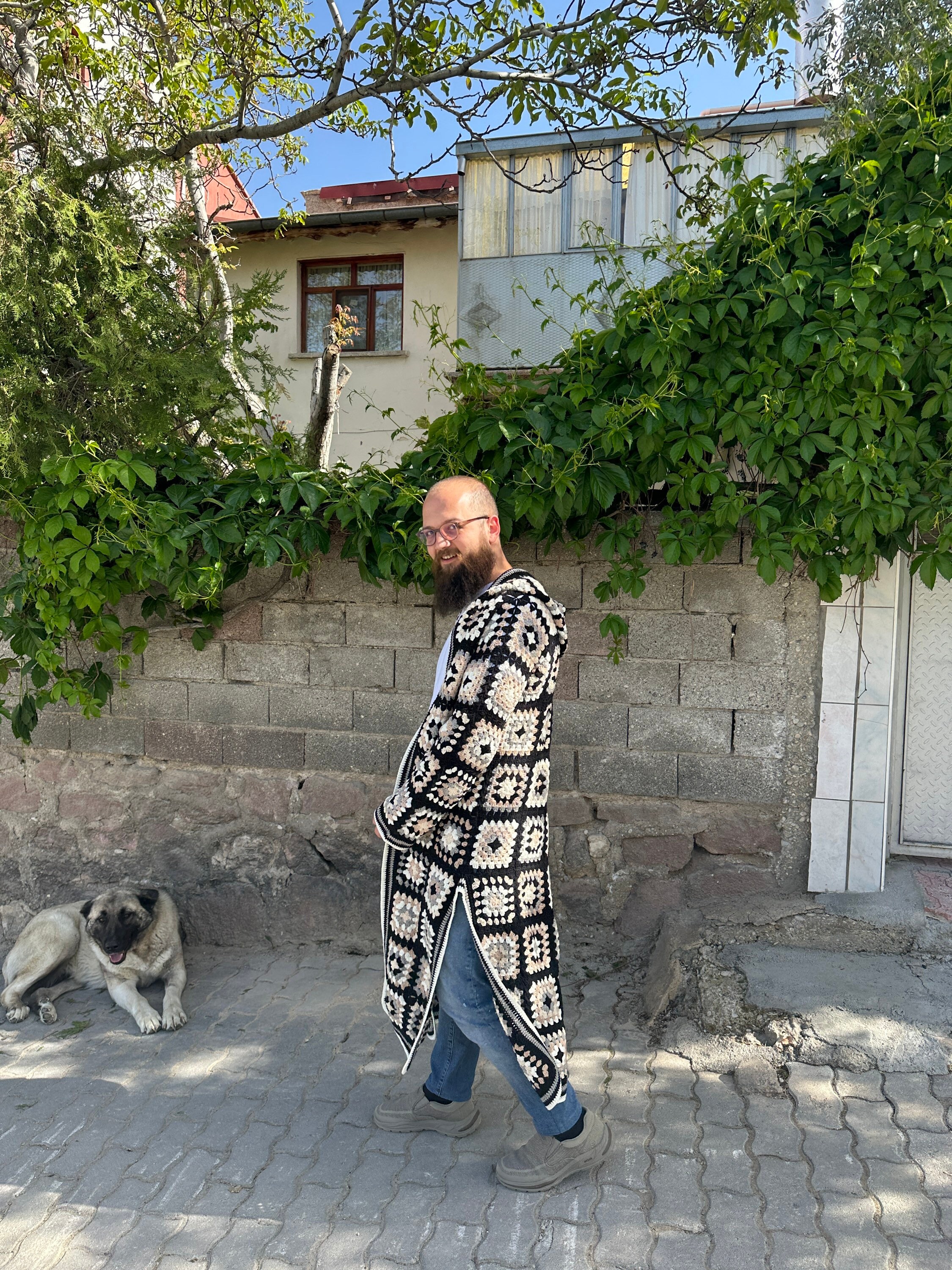 Crochet Hoodie Coat for Men in Black and White - Vintage Style Cardigan - Hippie Jacket for Men — photo 4 of 10