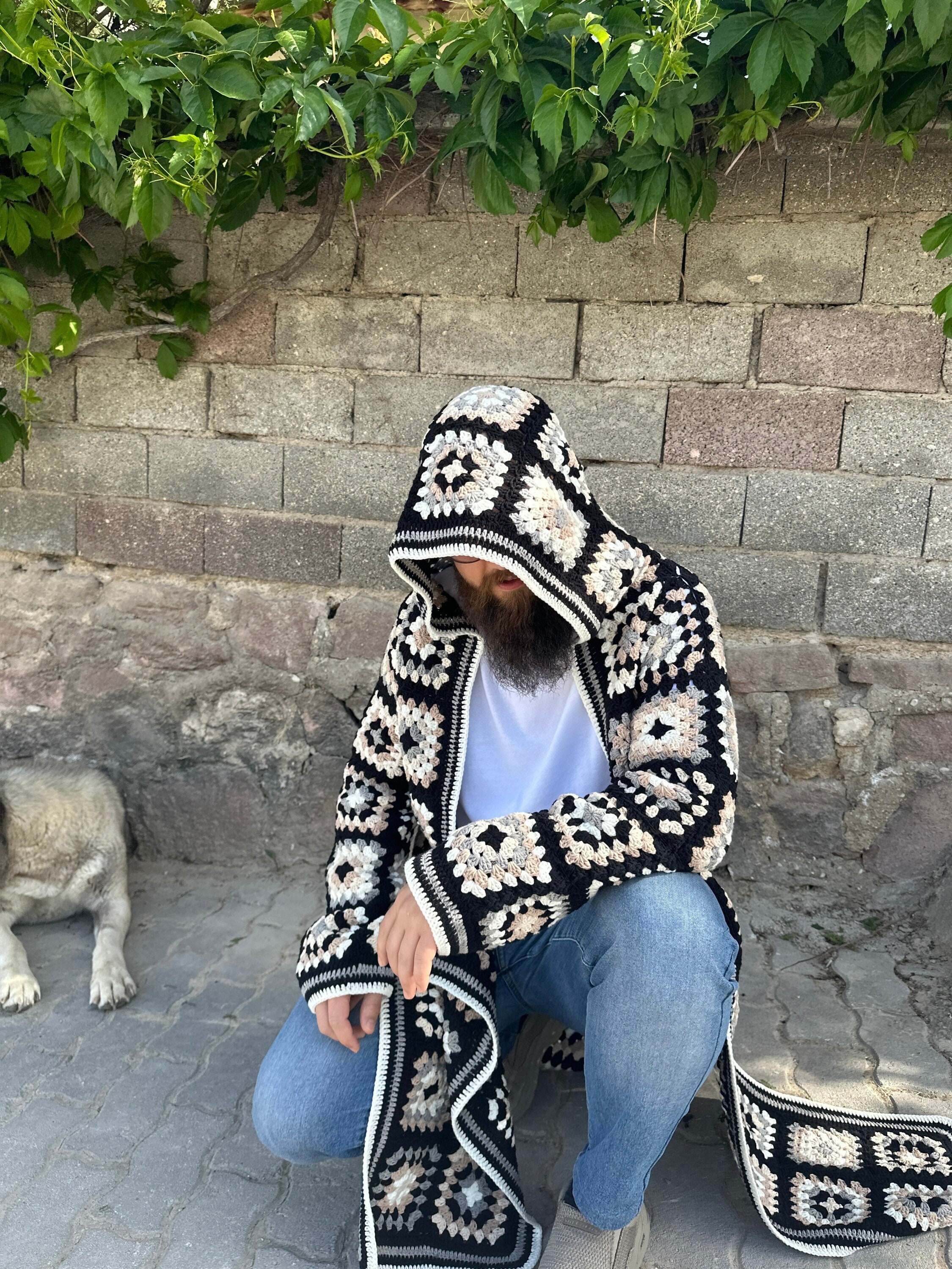 Crochet Hoodie Coat for Men in Black and White - Vintage Style Cardigan - Hippie Jacket for Men