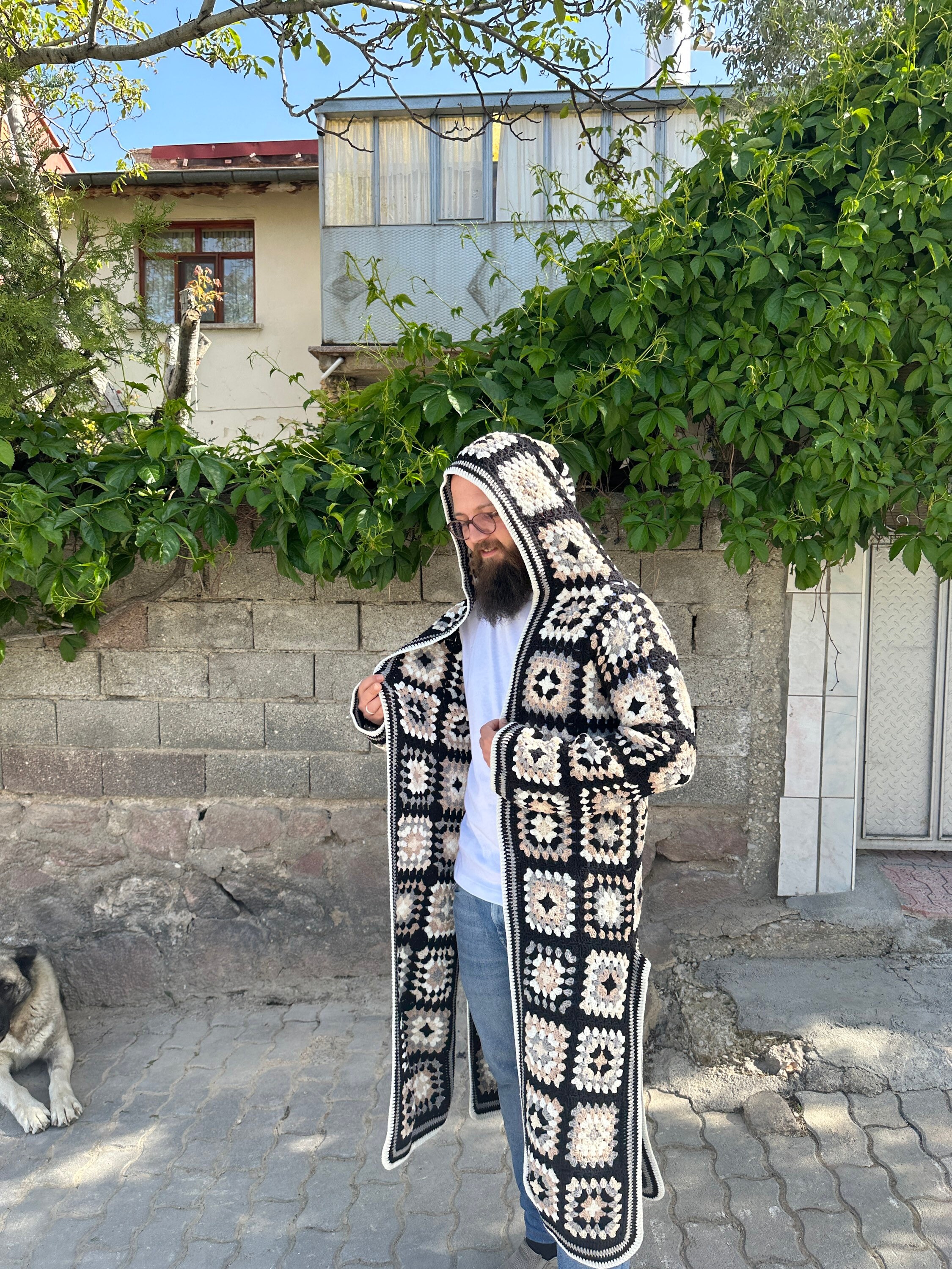 Crochet Hoodie Coat for Men in Black and White - Vintage Style Cardigan - Hippie Jacket for Men — photo 3 of 10