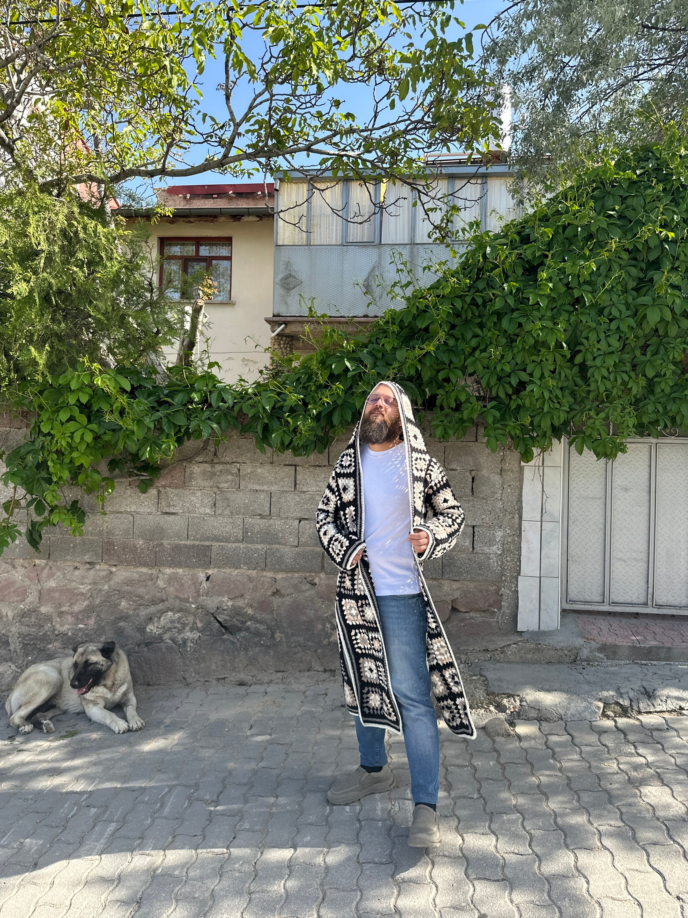 Crochet Hoodie Coat for Men in Black and White - Vintage Style Cardigan - Hippie Jacket for Men — photo 2 of 10