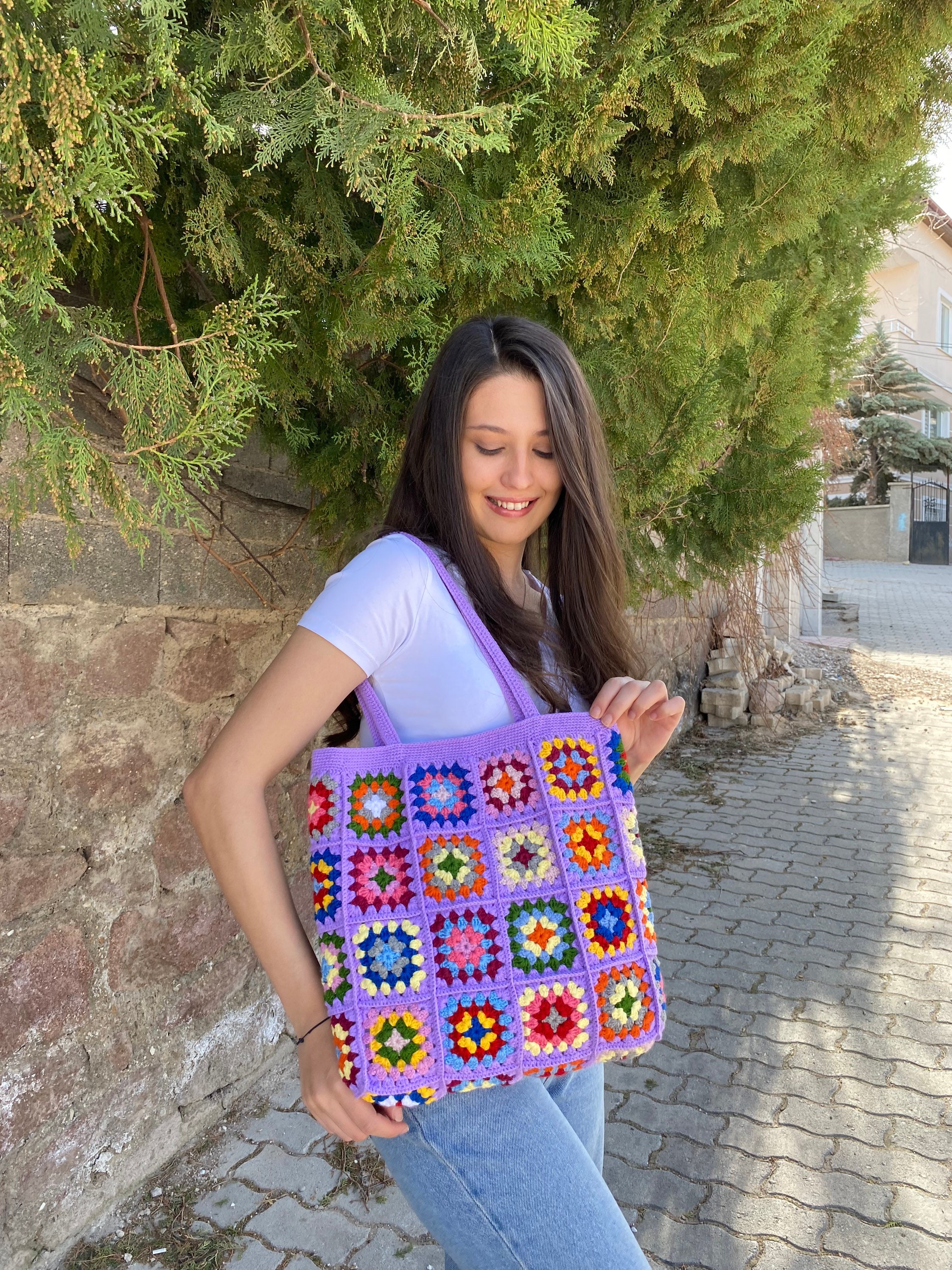 Crochet Lilac Bag, Granny Square Bag, Crochet Tote Bag, Summer Bag, Boho Bag, Vintage Style, Hipp... — photo 6 of 10