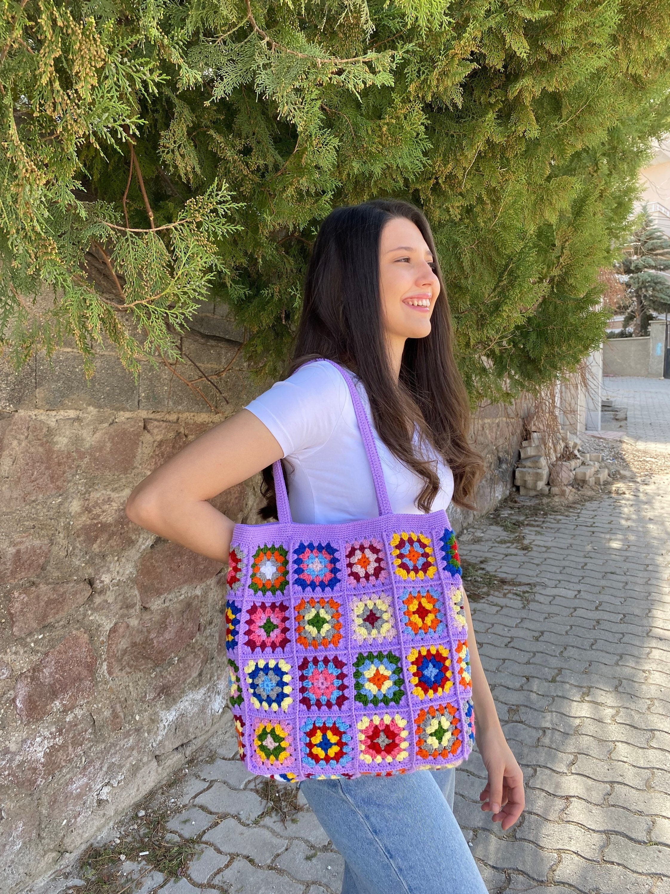 Crochet Lilac Bag, Granny Square Bag, Crochet Tote Bag, Summer Bag, Boho Bag, Vintage Style, Hipp... — photo 7 of 10