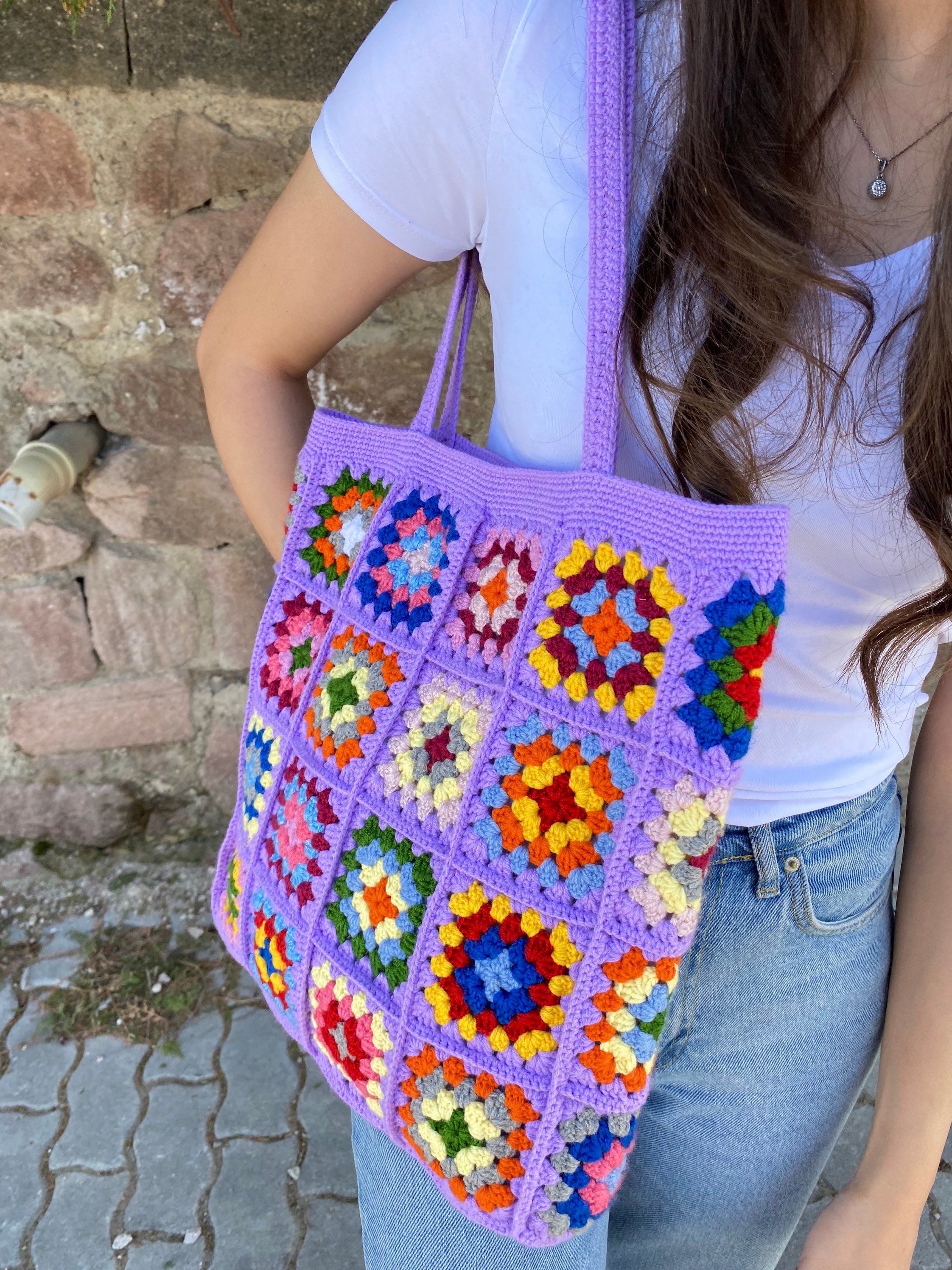 Crochet Lilac Bag, Granny Square Bag, Crochet Tote Bag, Summer Bag, Boho Bag, Vintage Style, Hippie Bag, Granny Square Shoulder Bag