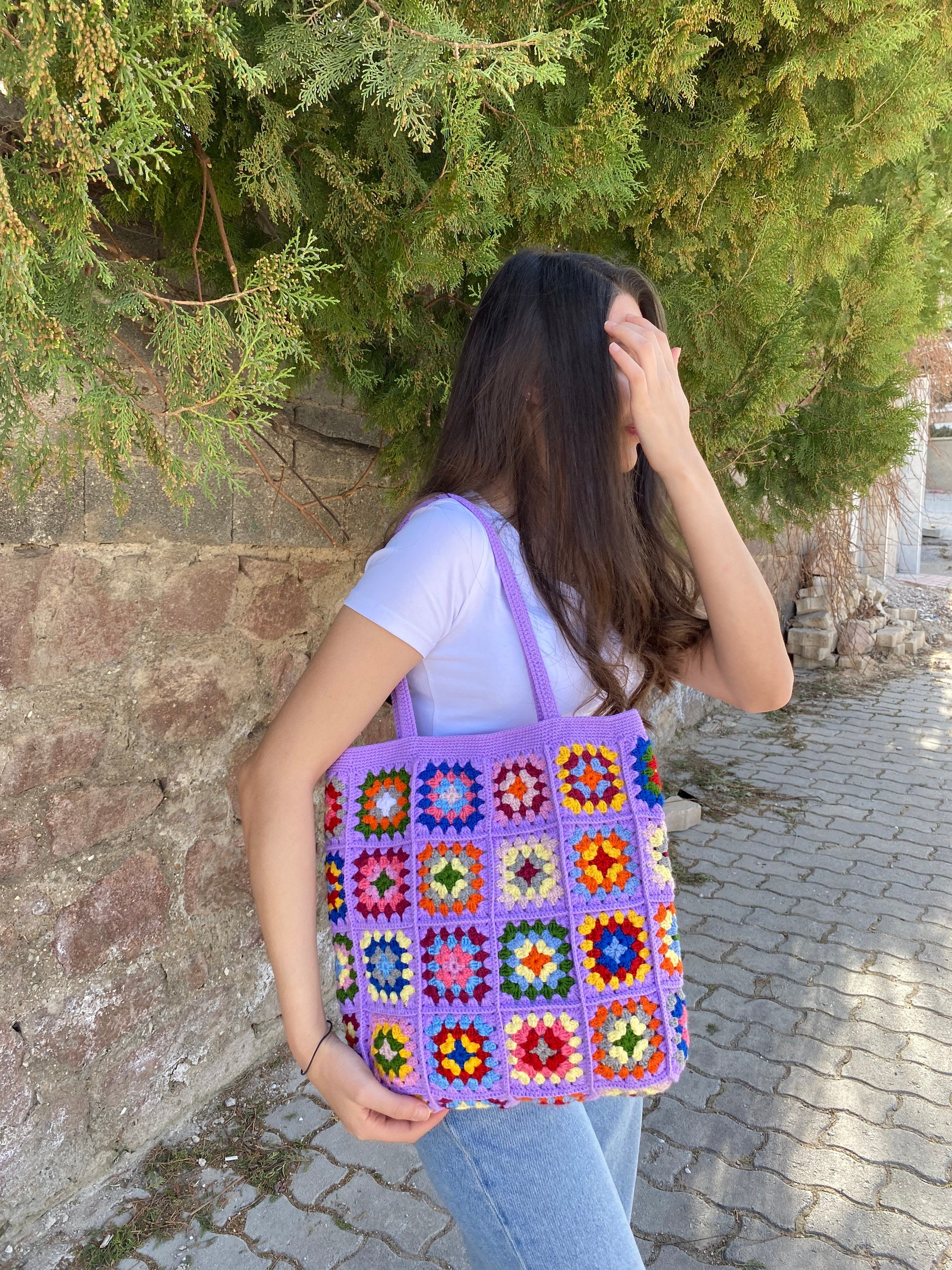 Crochet Lilac Bag, Granny Square Bag, Crochet Tote Bag, Summer Bag, Boho Bag, Vintage Style, Hipp... — photo 5 of 10