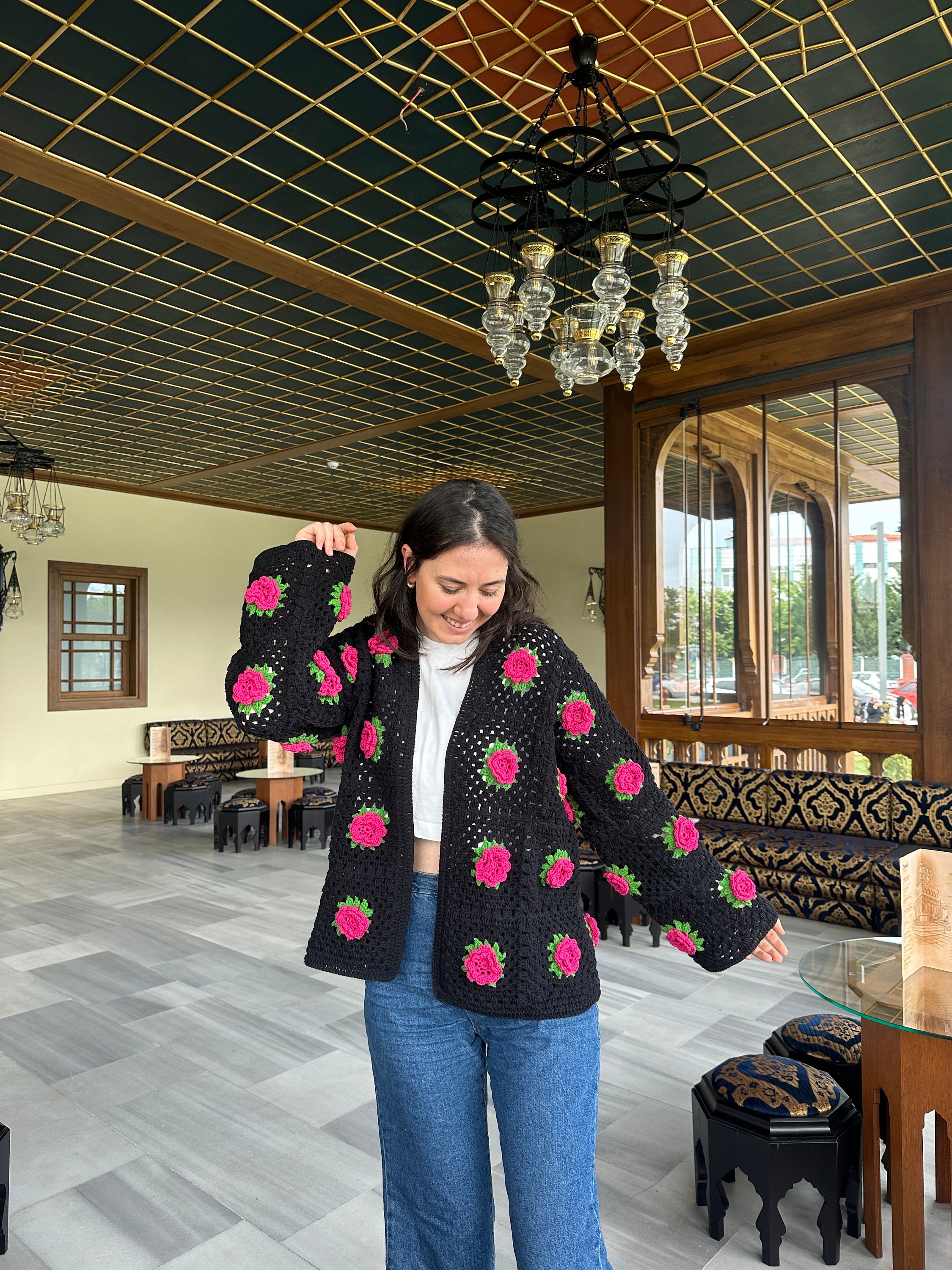 Crochet Rose Cardigan, Floral Sweater, Handmade Boho Jacket, Spring Fashion, Women's Clothing — photo 6 of 10