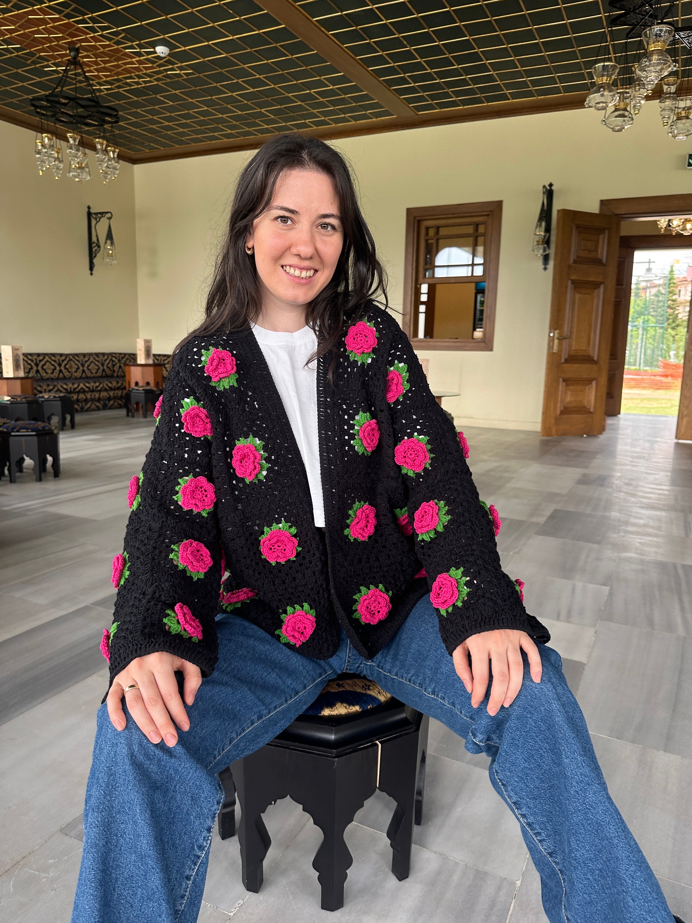 Crochet Rose Cardigan, Floral Sweater, Handmade Boho Jacket, Spring Fashion, Women's Clothing