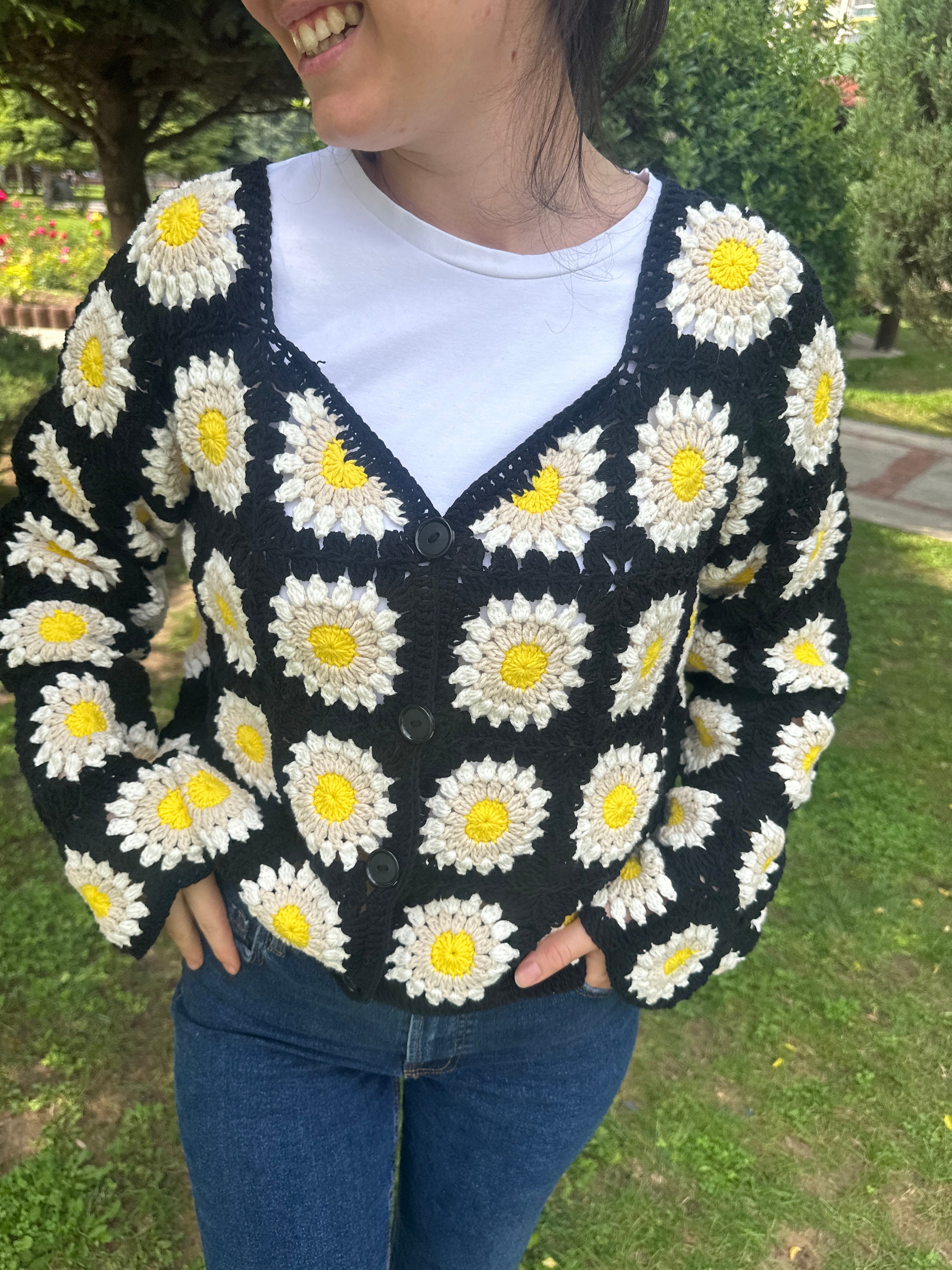 Crochet Sunflower Cardigan, Granny Square Cardigan, Bohemian Jacket, Festival Cardigan, Afghan Floral Jacket, Cotton Festival Sweater