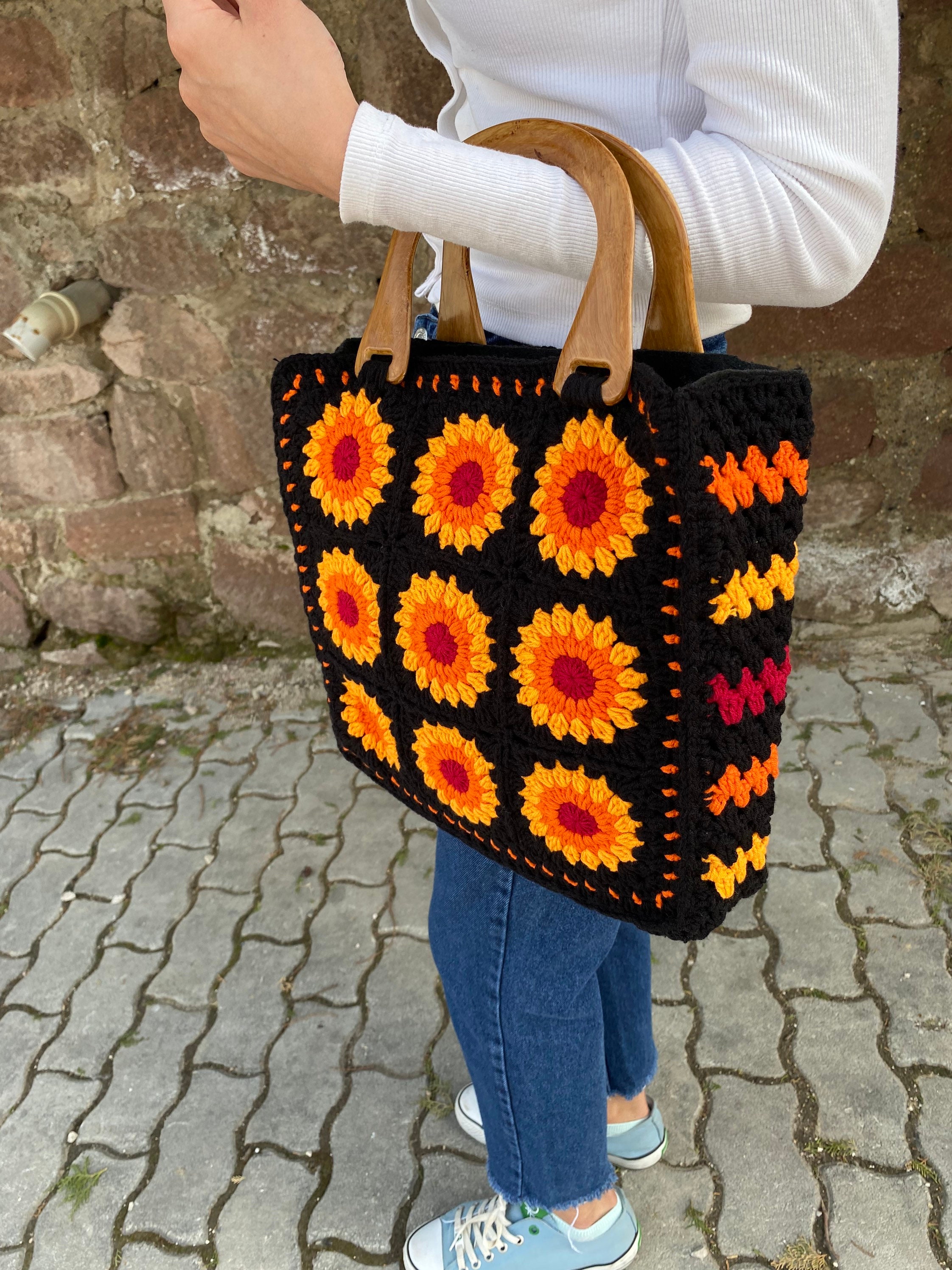 Crochet Sunflower Handlebag, Granny Square Hand Bag, Hobo Bag, Afghan Bag, Granny Square Purse, F... — photo 6 of 10