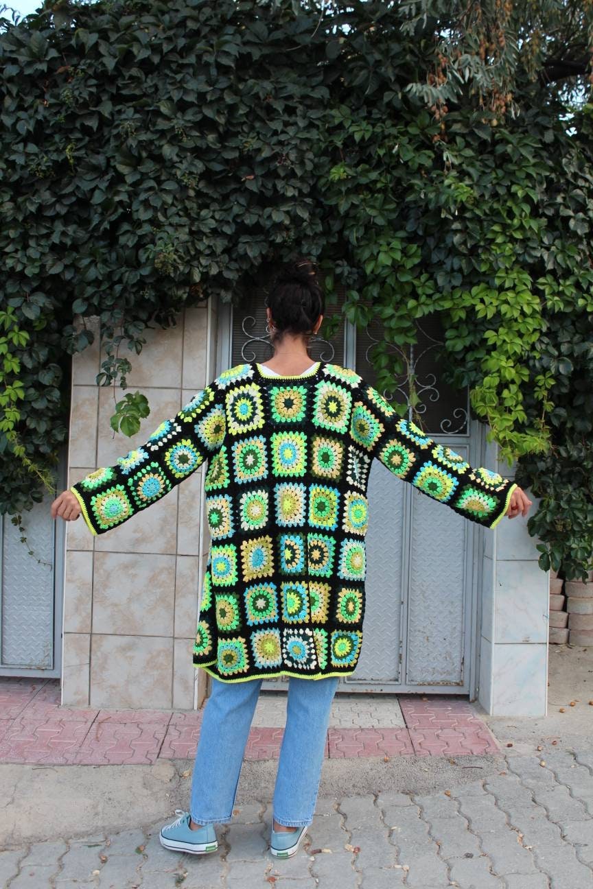 Crochet Women Coat, Long  Vintage Afghan Cardigan, Unique Bohemian Oversize Sweater