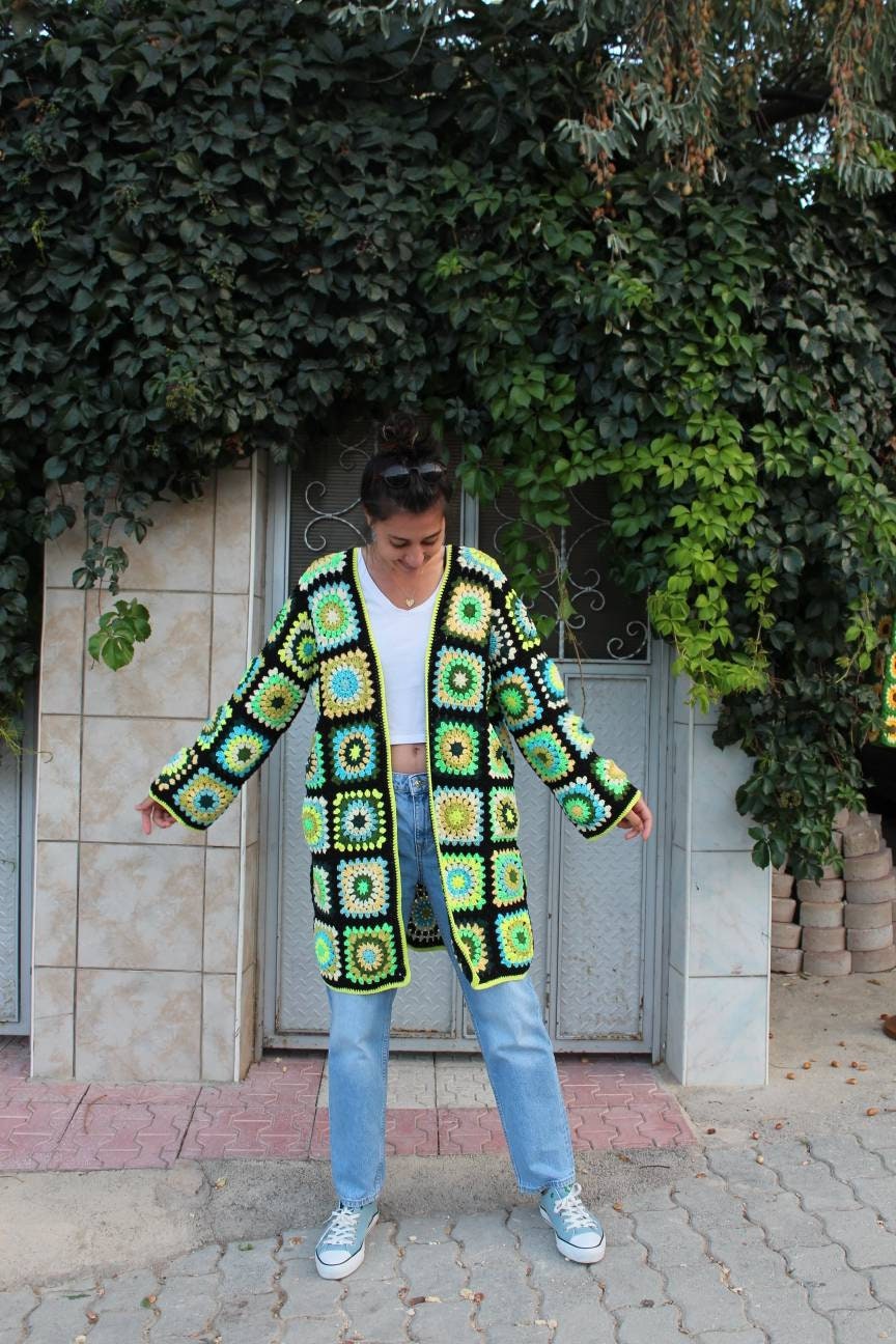 Crochet Women Coat, Long Vintage Afghan Cardigan, Unique Bohemian Oversize Sweater — photo 7 of 10