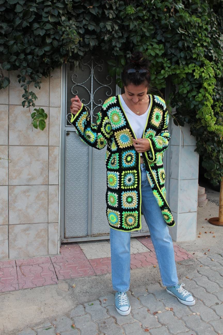 Crochet Women Coat, Long Vintage Afghan Cardigan, Unique Bohemian Oversize Sweater — photo 2 of 10