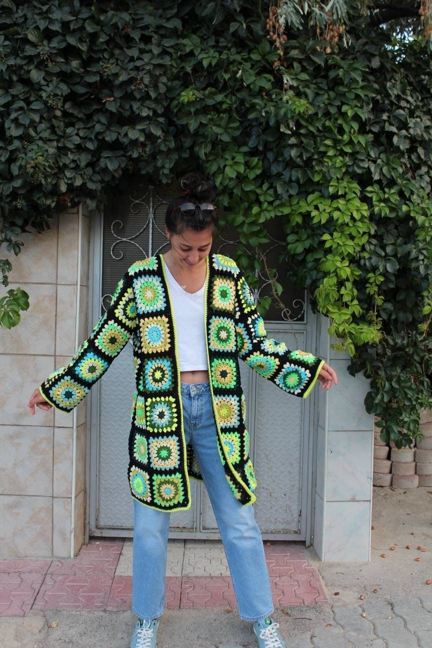 Crochet Women Coat, Long Vintage Afghan Cardigan, Unique Bohemian Oversize Sweater — photo 3 of 10