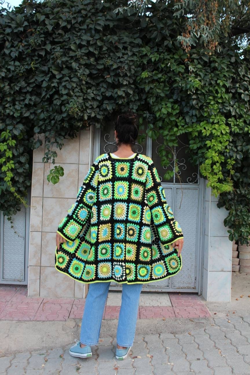 Crochet Women Coat, Long Vintage Afghan Cardigan, Unique Bohemian Oversize Sweater — photo 4 of 10