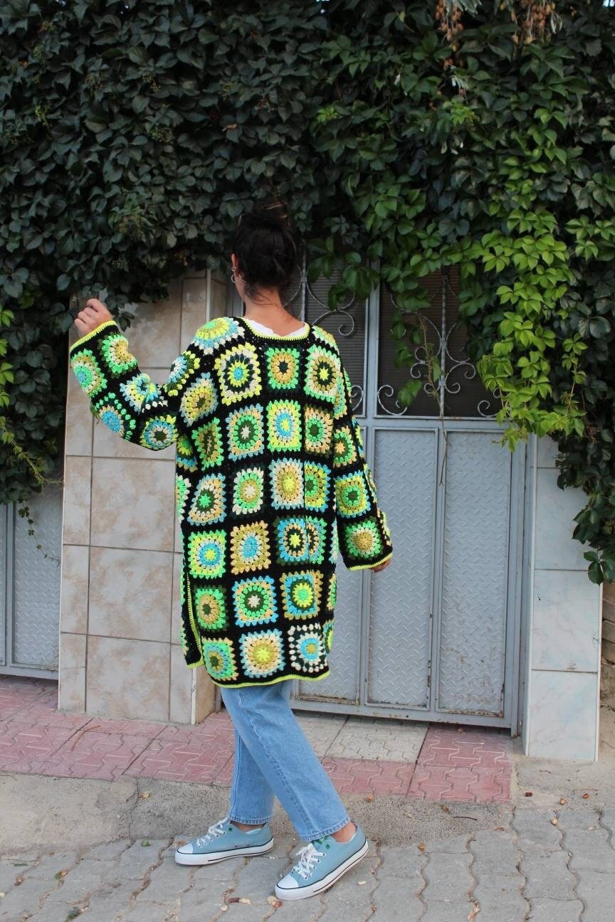 Crochet Women Coat, Long Vintage Afghan Cardigan, Unique Bohemian Oversize Sweater — photo 5 of 10