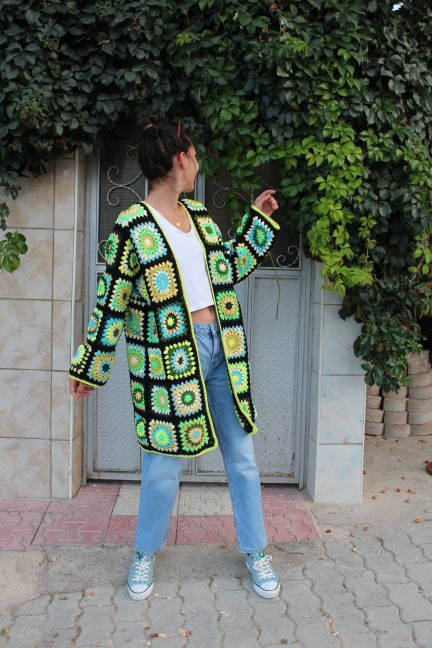 Crochet Women Coat, Long Vintage Afghan Cardigan, Unique Bohemian Oversize Sweater — photo 6 of 10