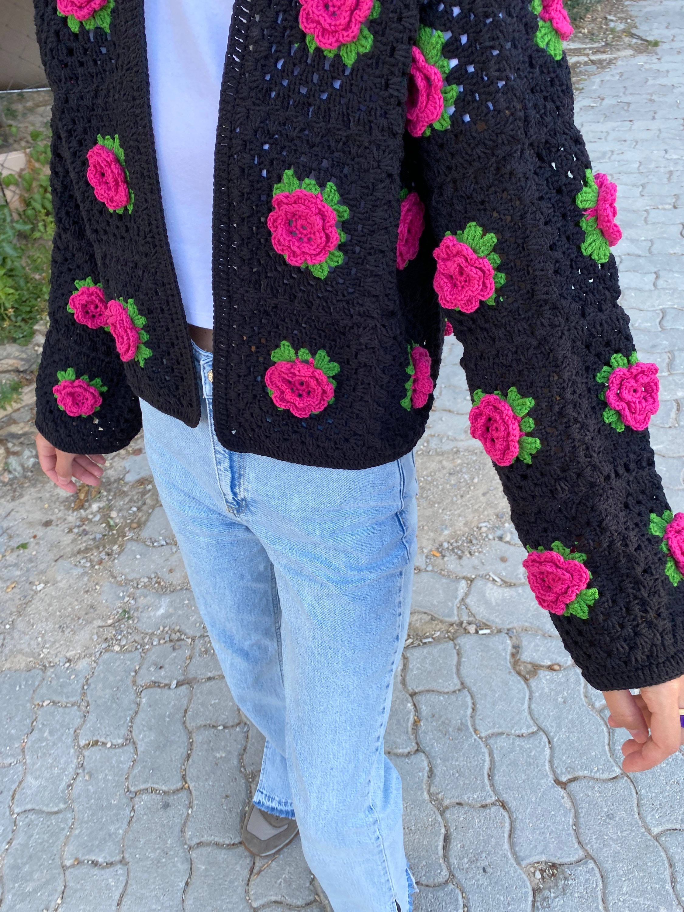 Crocheted Rose Cardigan, Granny Square Sweater, Unique Cardigan, Afghan Cardigan, Granny Square C... — photo 2 of 10