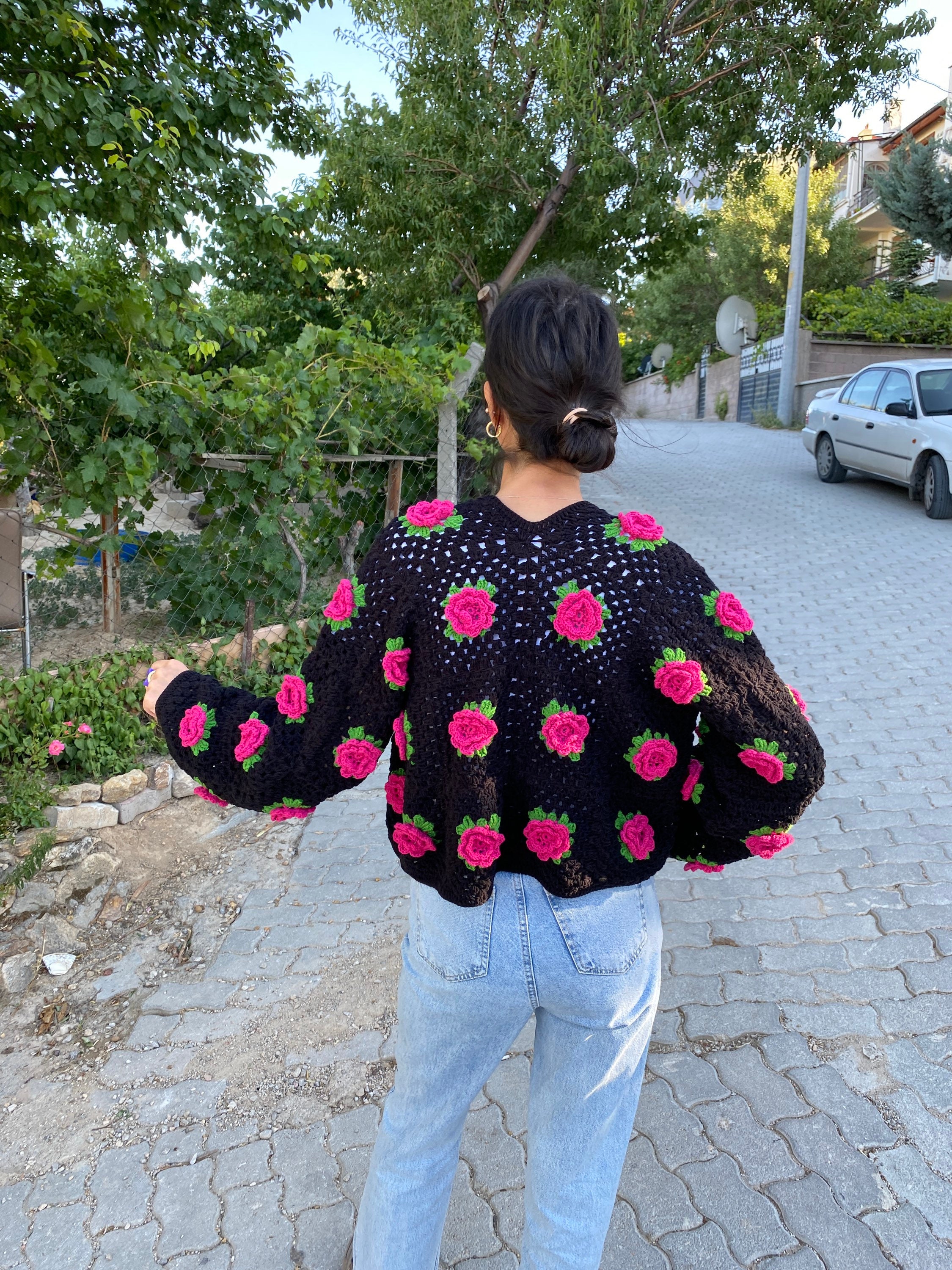 Crocheted Rose Cardigan, Granny Square Sweater, Unique Cardigan, Afghan Cardigan, Granny Square C... — photo 7 of 10