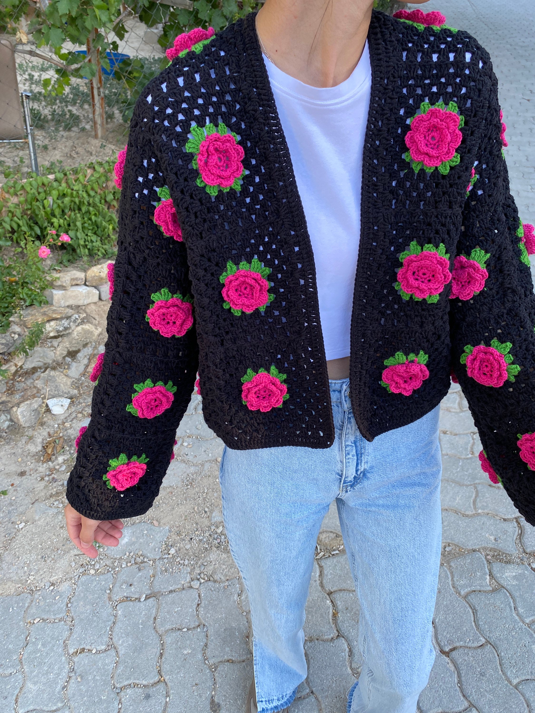 Crocheted Rose Cardigan, Granny Square Sweater, Unique Cardigan, Afghan Cardigan, Granny Square C... — photo 5 of 10