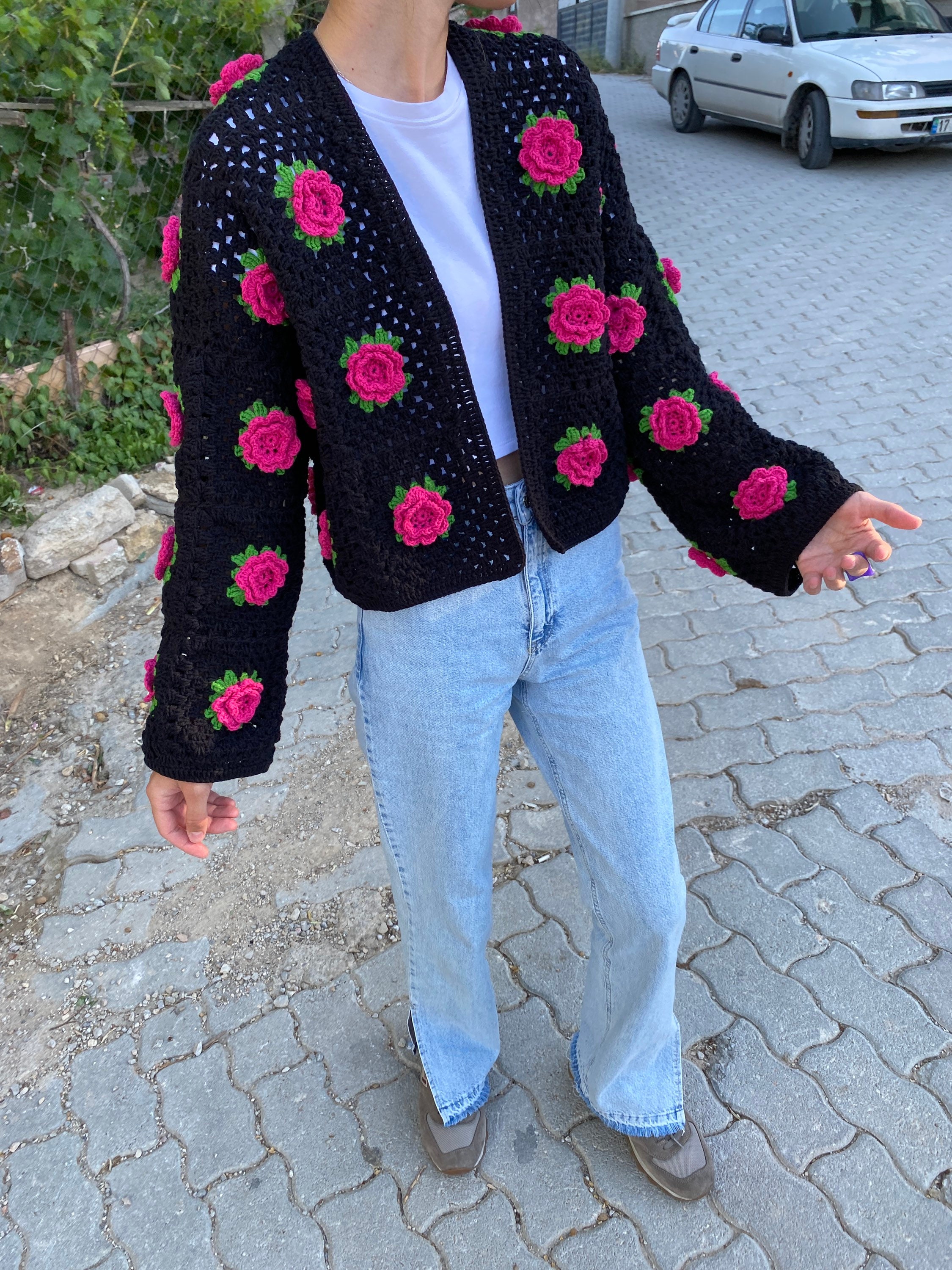 Crocheted Rose Cardigan, Granny Square Sweater, Unique Cardigan, Afghan Cardigan, Granny Square C... — photo 3 of 10