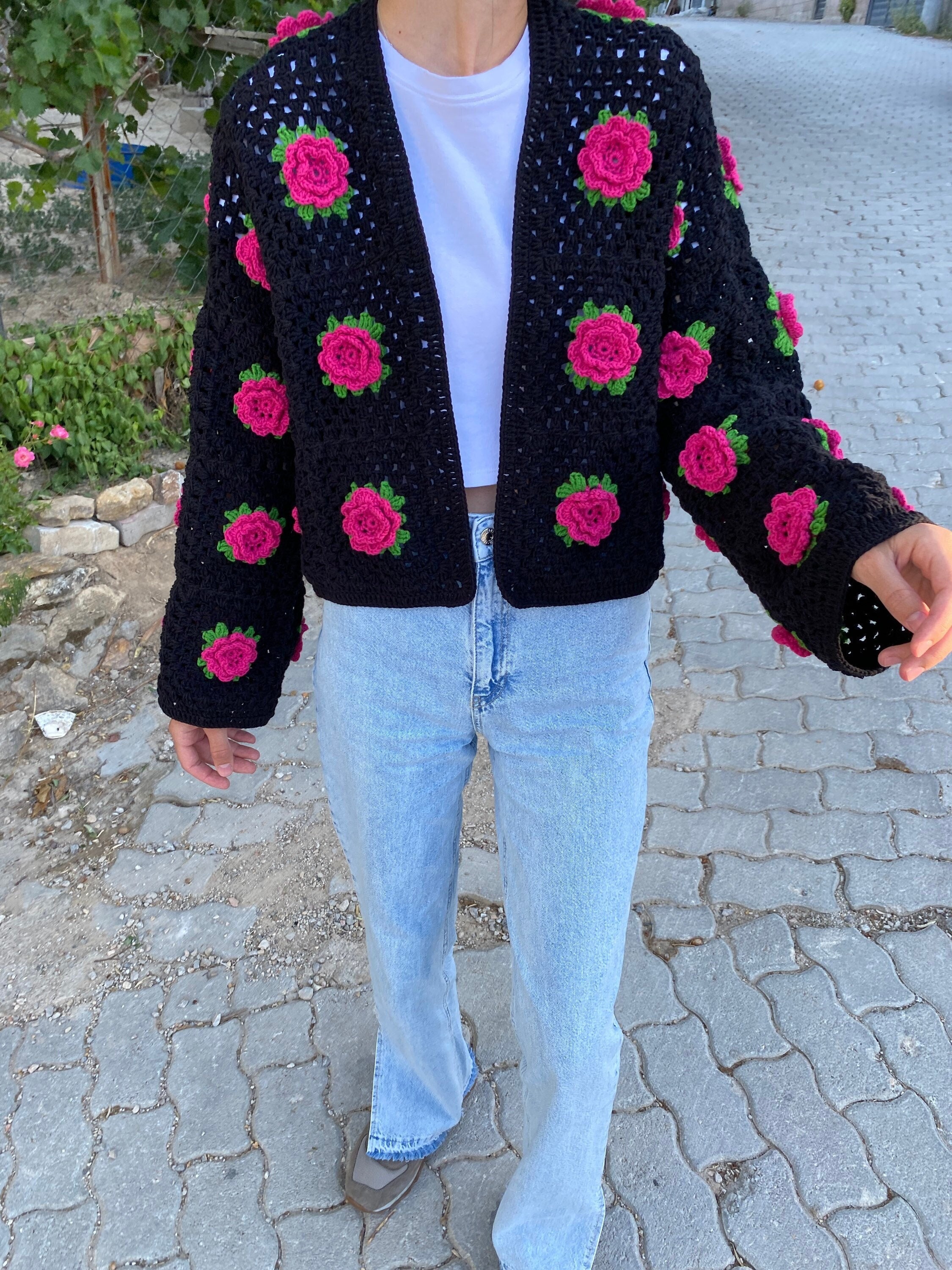 Crocheted Rose Cardigan, Granny Square Sweater, Unique Cardigan, Afghan Cardigan, Granny Square C... — photo 4 of 10