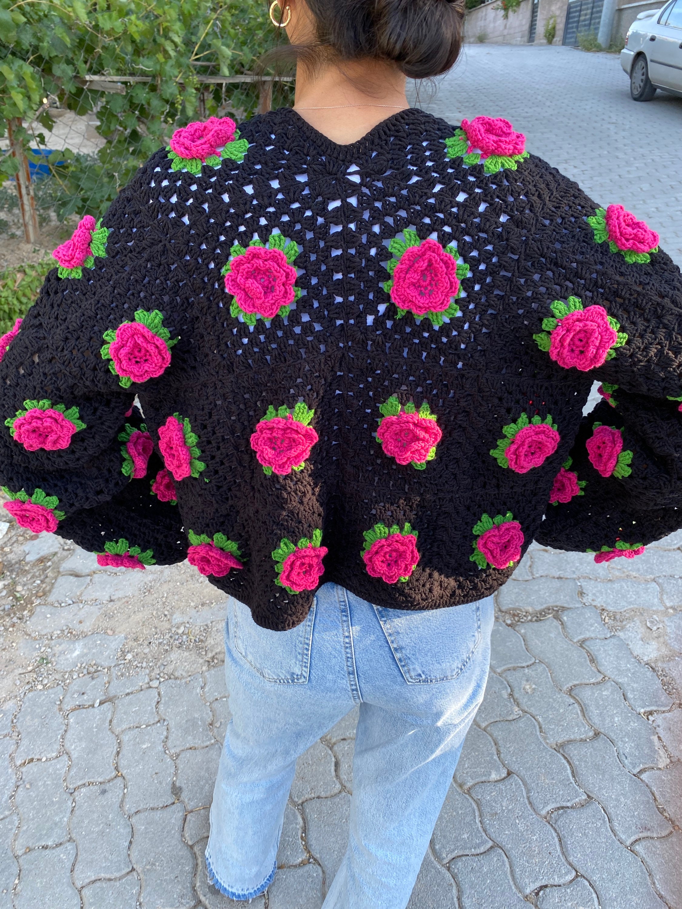 Crocheted Rose Cardigan, Granny Square Sweater, Unique Cardigan, Afghan Cardigan, Granny Square Cardigan, Floral Sweater, Vintage Cardigan