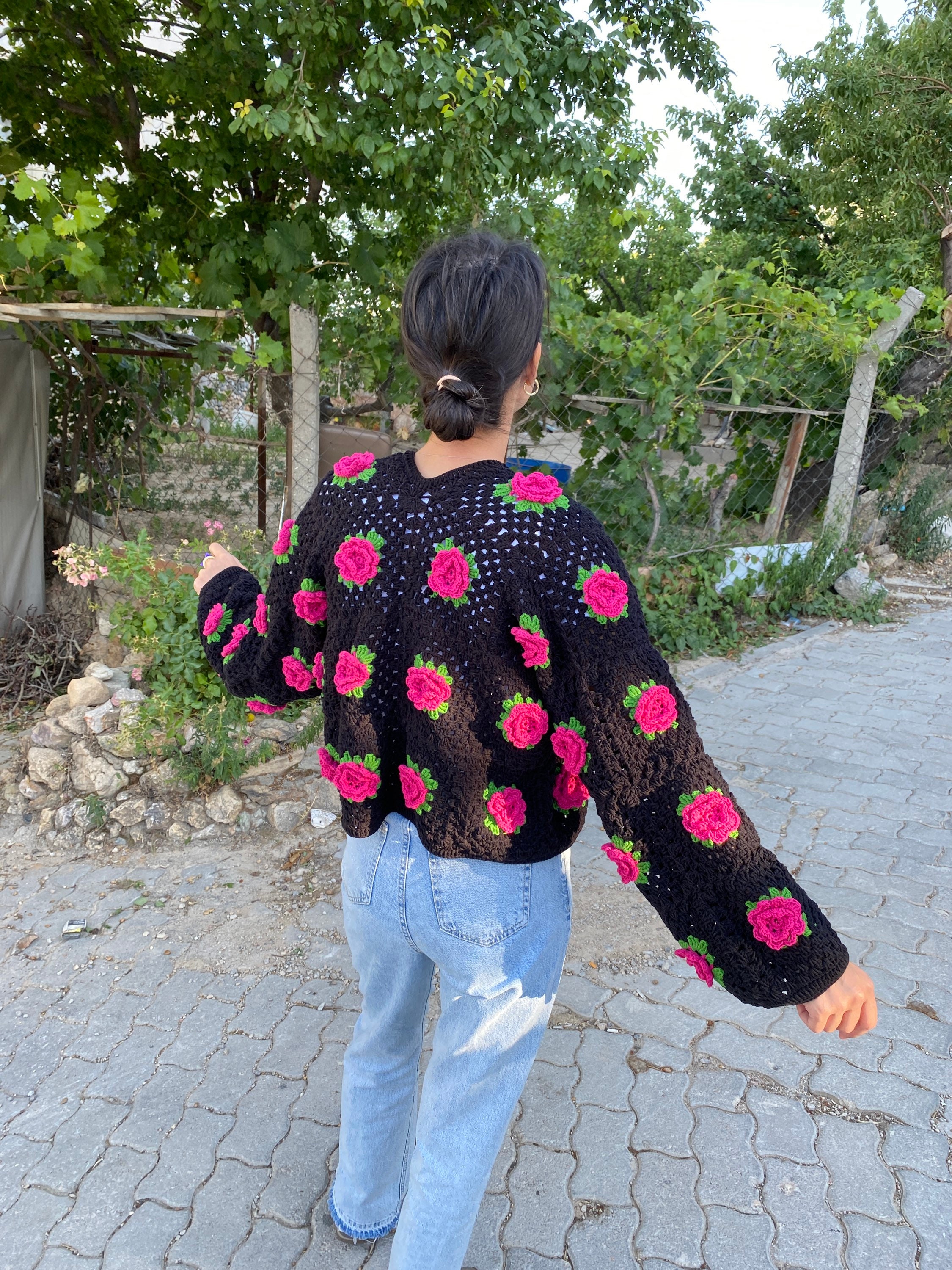 Crocheted Rose Cardigan, Granny Square Sweater, Unique Cardigan, Afghan Cardigan, Granny Square C... — photo 6 of 10