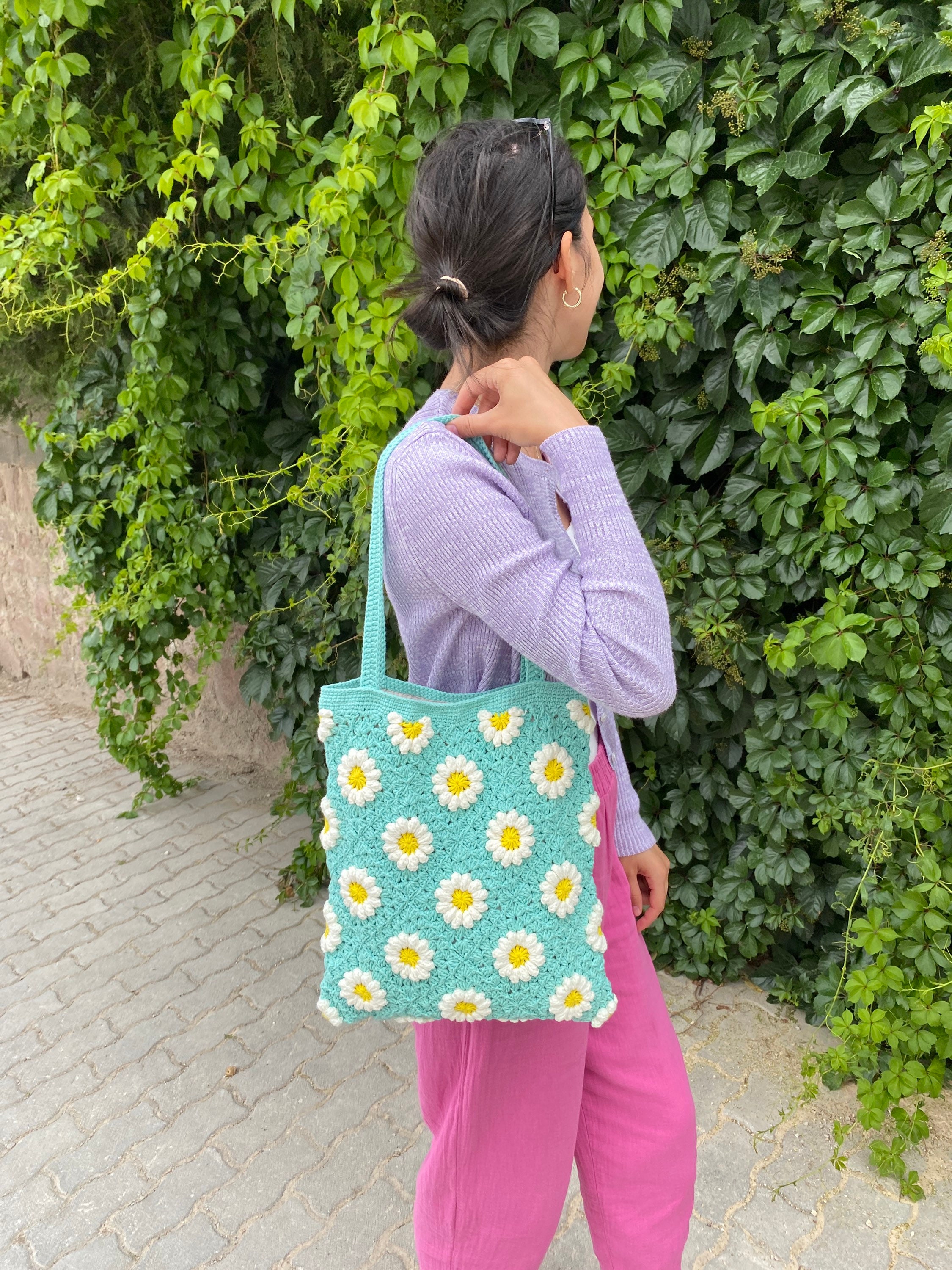 Daisy Crochet Bag, Granny Square Bag, Crochet Tote Bag, Summer Bag, Boho Bag, Flower Cotton Bag, Granny Square Shoulder Bag, Crochet Purse