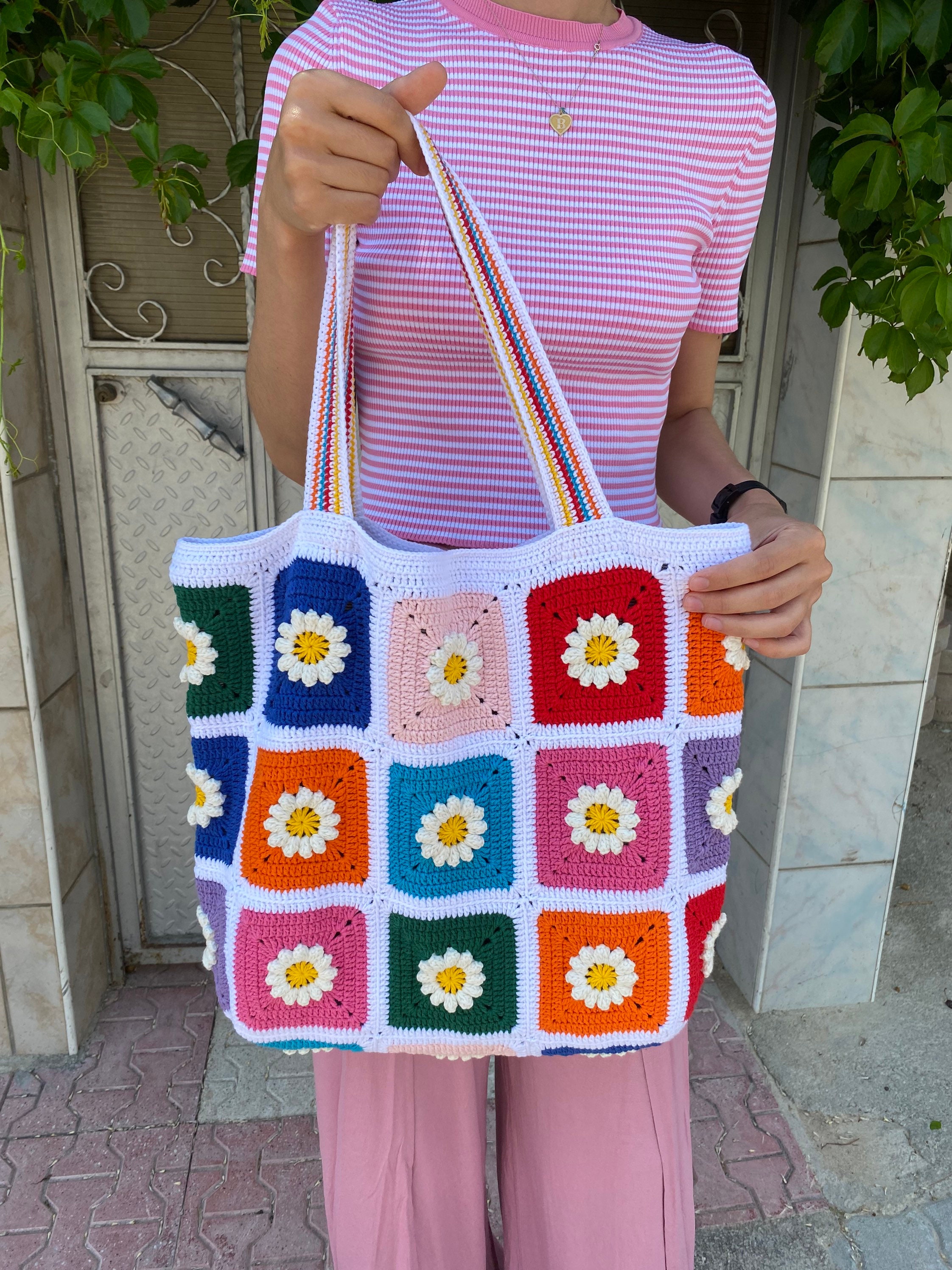 Daisy Knitted Bag, Crochet Bag, Granny Square Bag, Afghan Bag, Crochet Tote Bag, Summer Bag, Gran... — photo 3 of 10