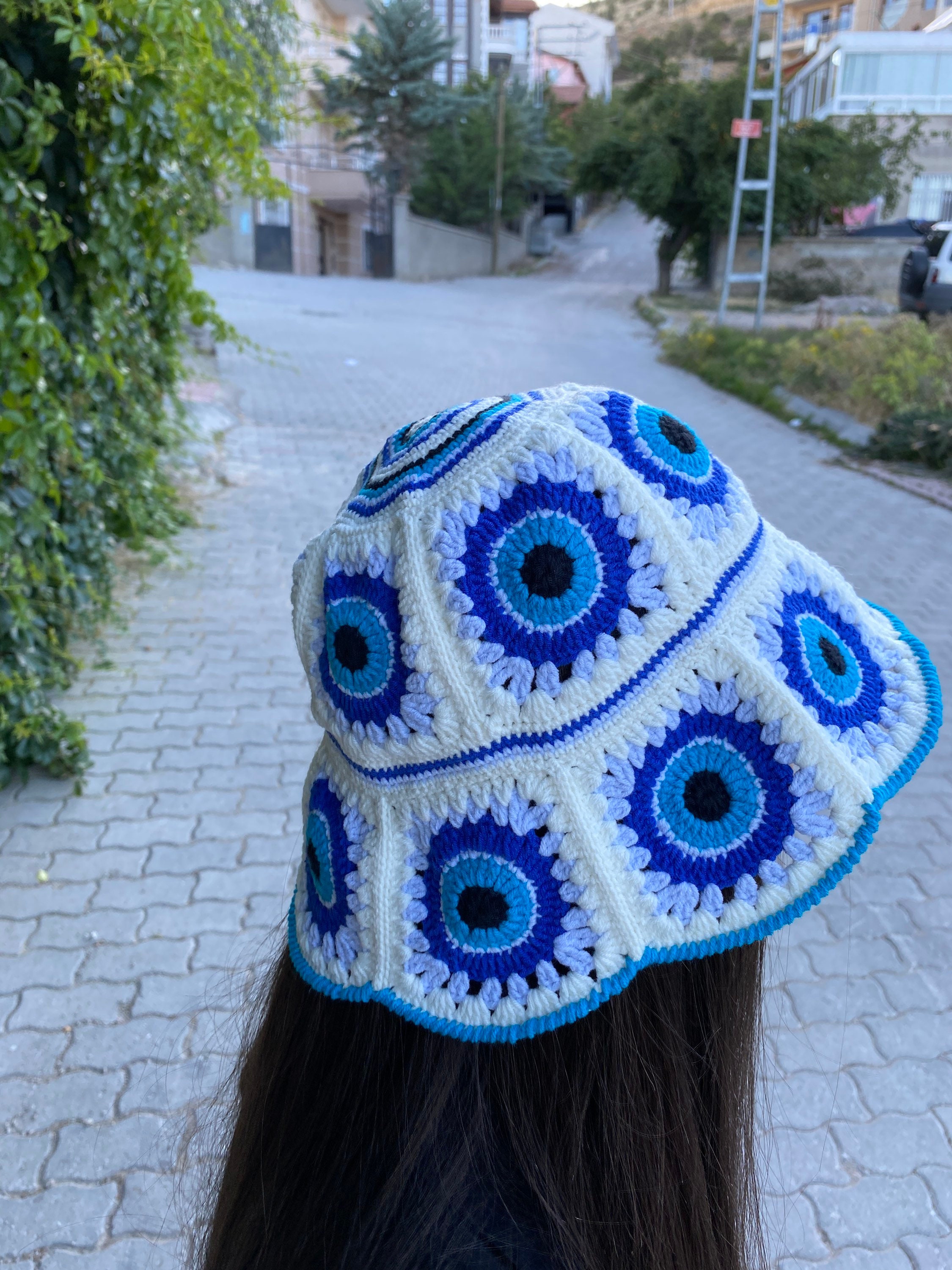 Evil Eye Bucket Hat, Granny Square Hat, Crochet Hat, Cotton Hat, Festival Hat, Bucket Hat, Crochet Sun Hat, Summer Sun Hat, Blue White Hat