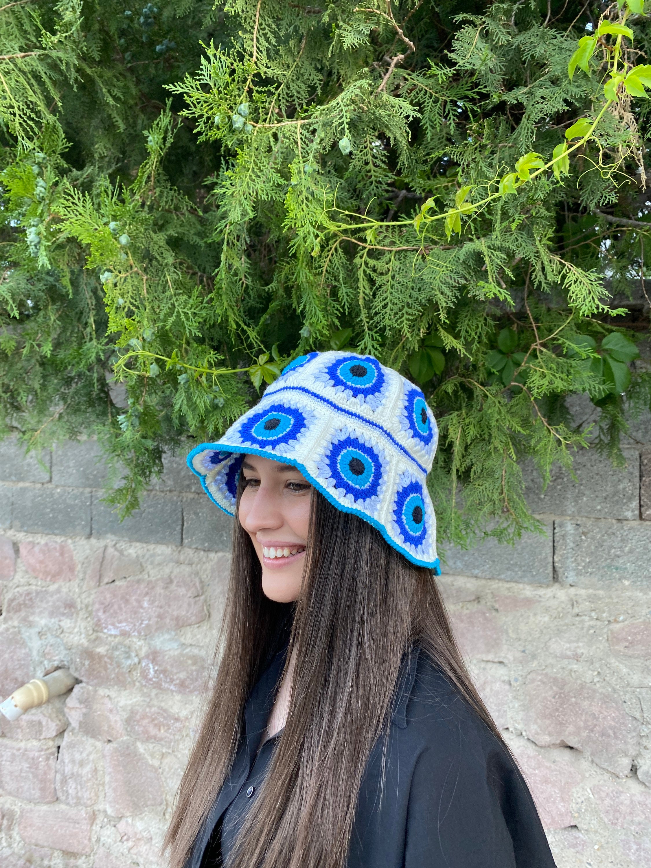 Evil Eye Bucket Hat, Granny Square Hat, Crochet Hat, Cotton Hat, Festival Hat, Bucket Hat, Croche... — photo 2 of 10