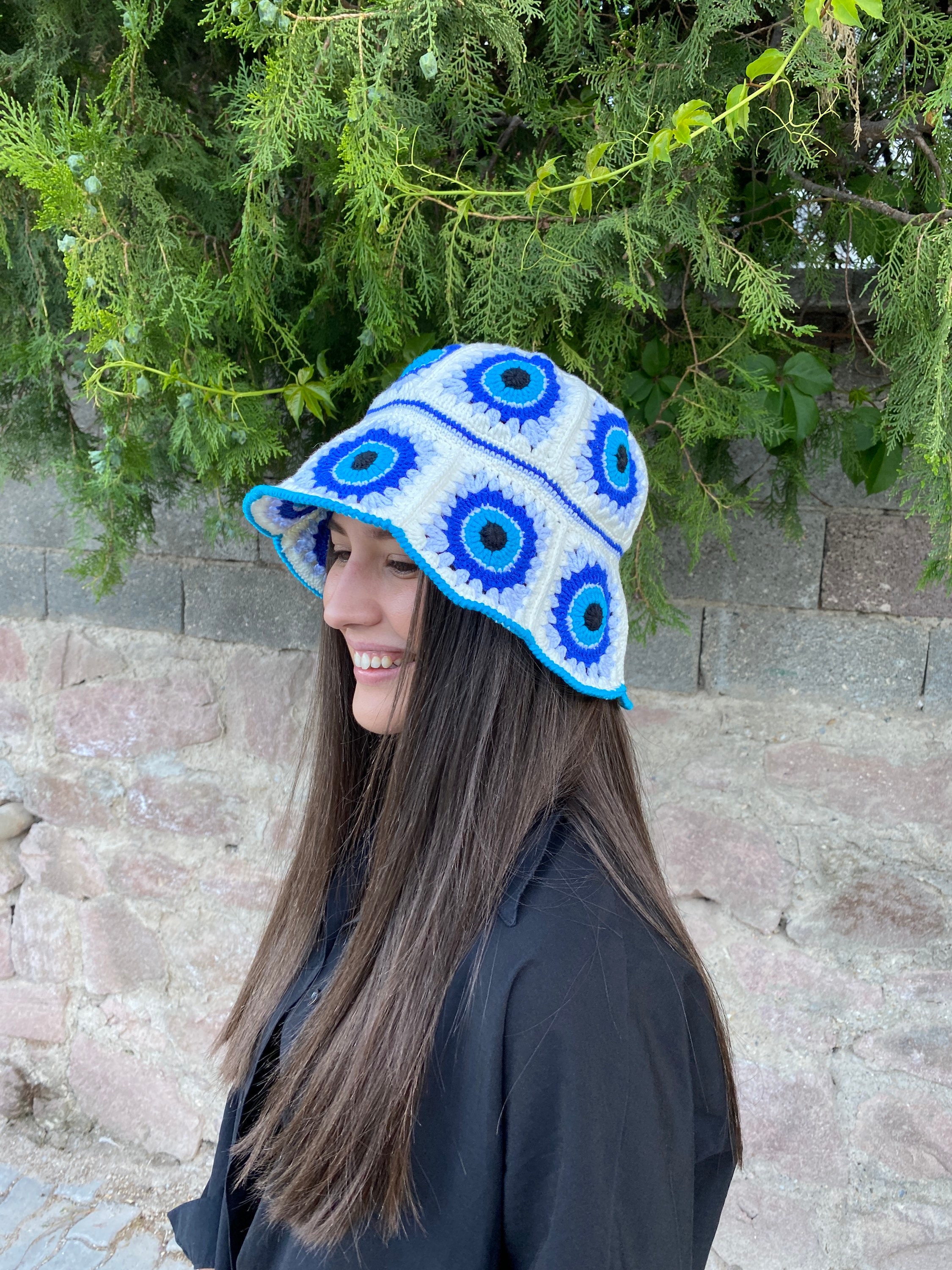 Evil Eye Bucket Hat, Granny Square Hat, Crochet Hat, Cotton Hat, Festival Hat, Bucket Hat, Croche... — photo 4 of 10