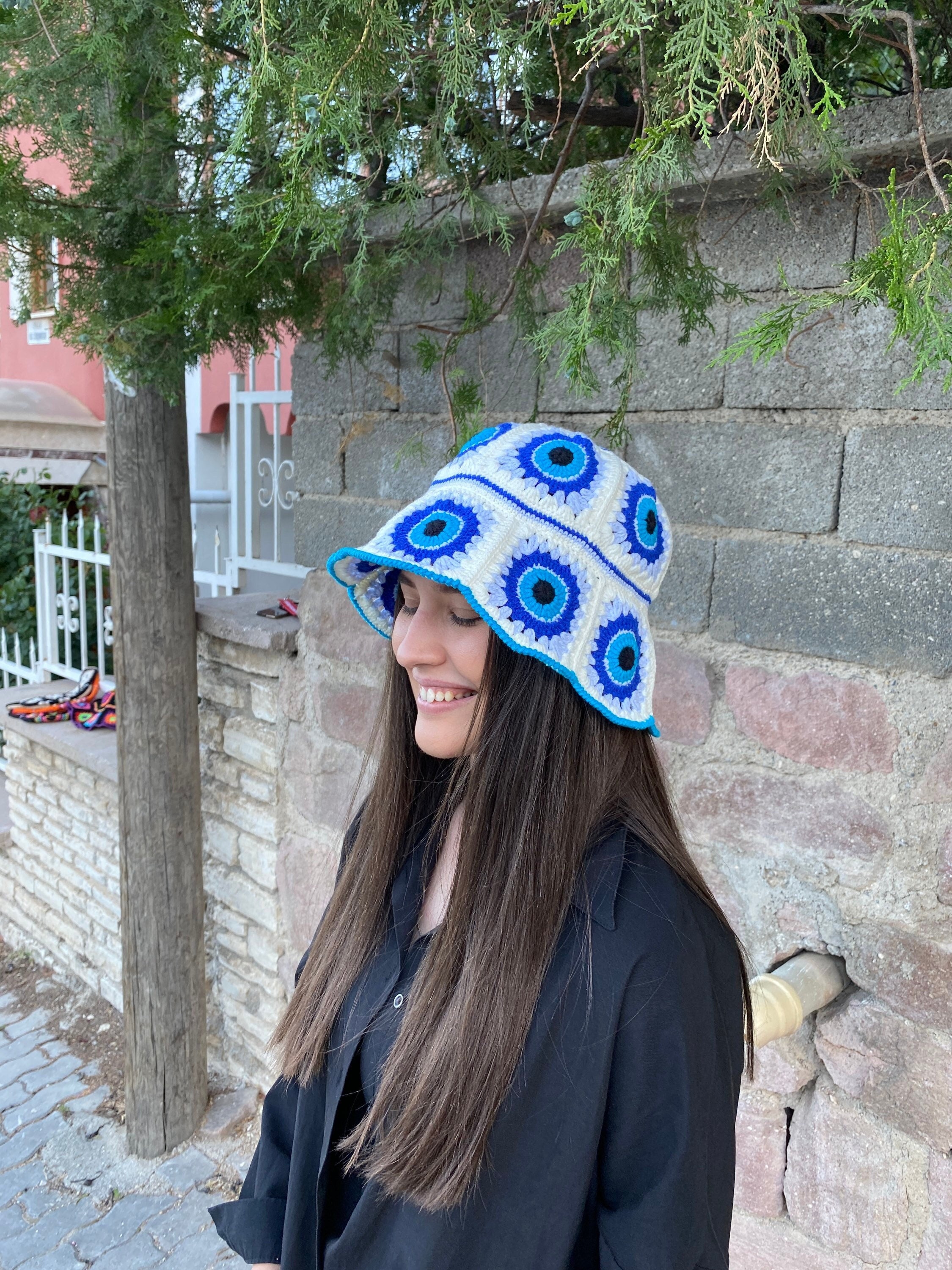 Evil Eye Bucket Hat, Granny Square Hat, Crochet Hat, Cotton Hat, Festival Hat, Bucket Hat, Croche... — photo 5 of 10