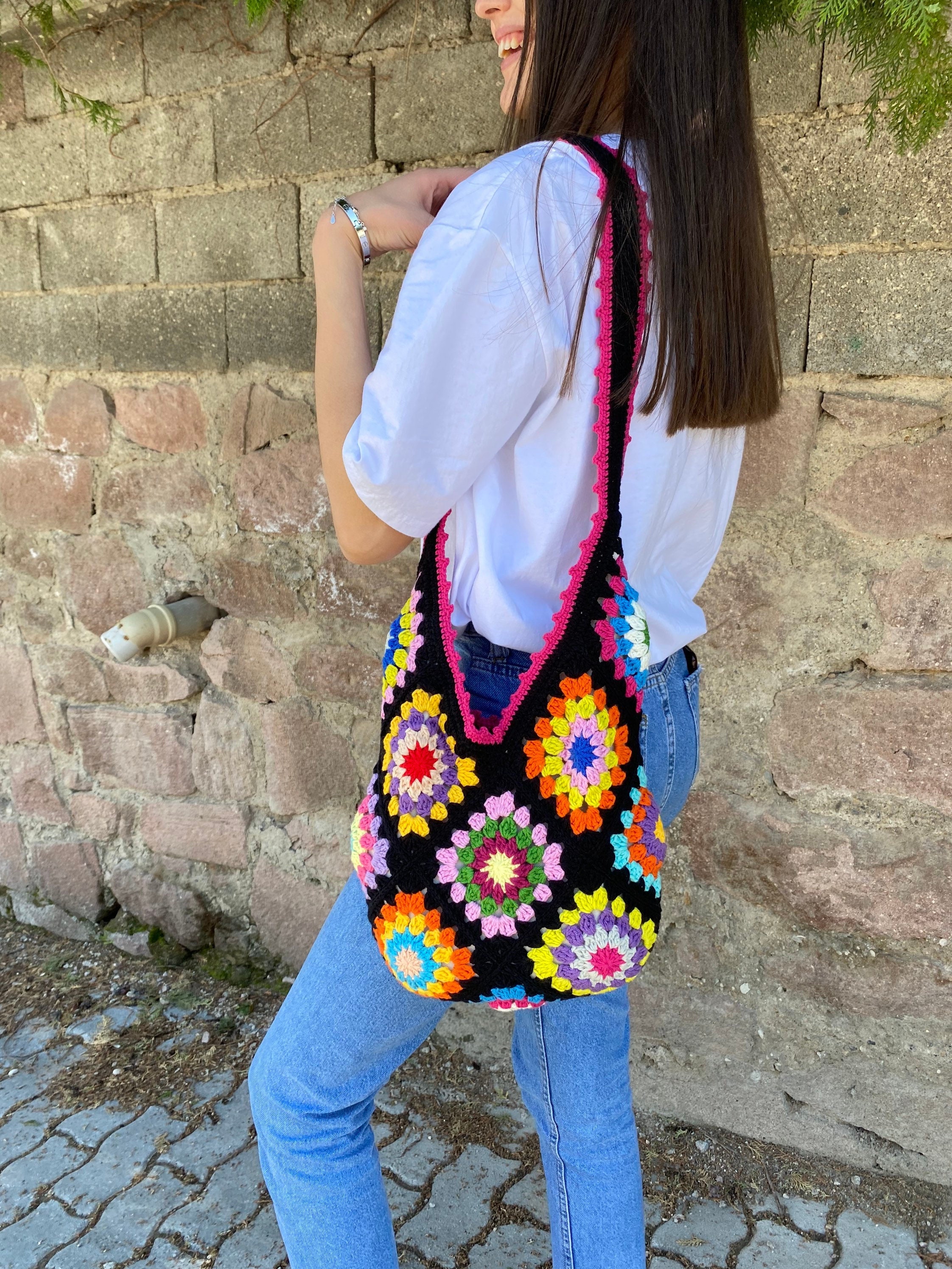 Granny Square Bag, Boho Crossbody Crochet Tote, Colorful Afghan Handmade Bohemian Summer Beach Ac... — photo 2 of 10