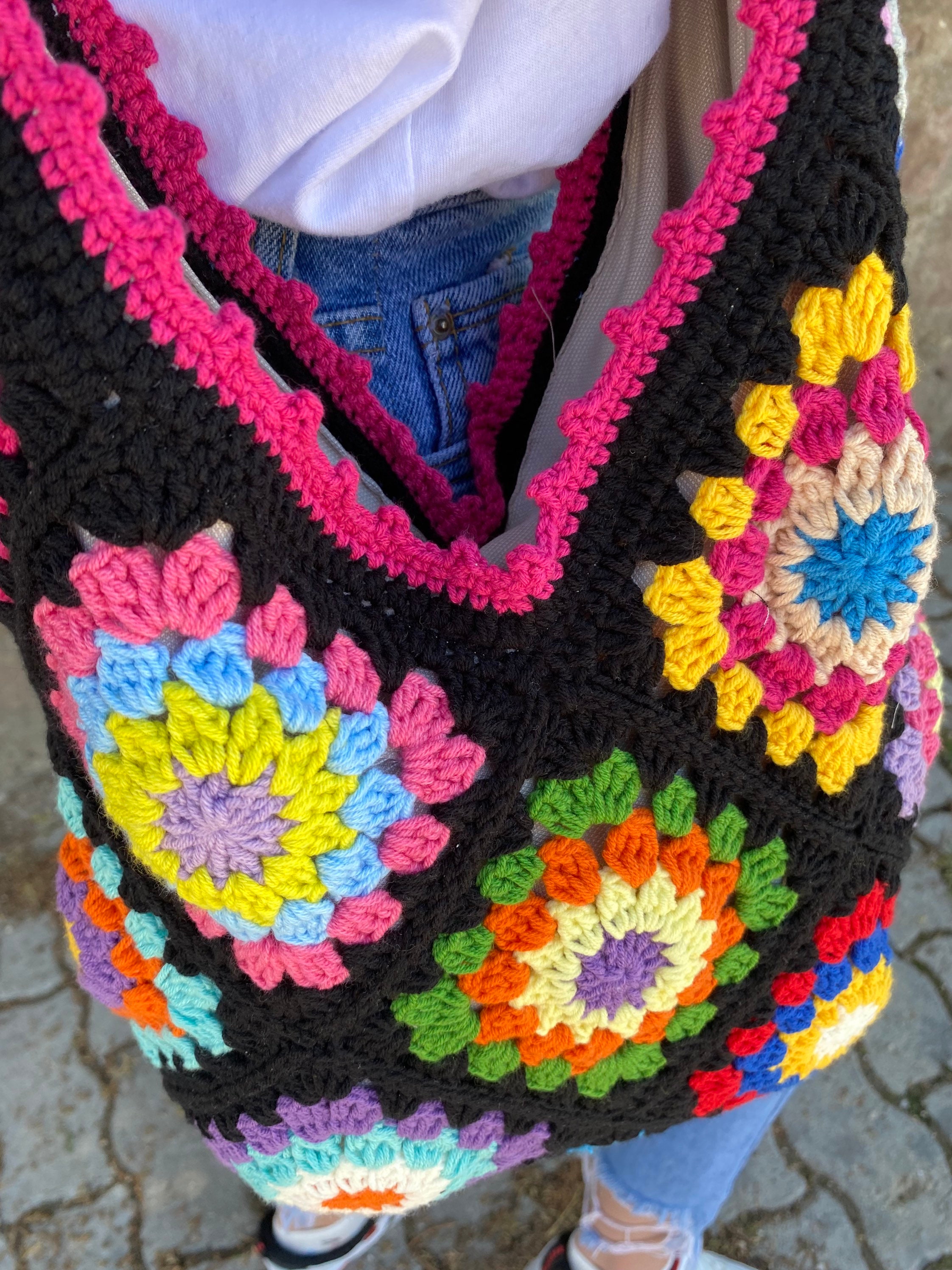Granny Square Bag, Boho Crossbody Crochet Tote, Colorful Afghan Handmade Bohemian Summer Beach Accessory Purse, Flamboyant Vibrant Style Bag