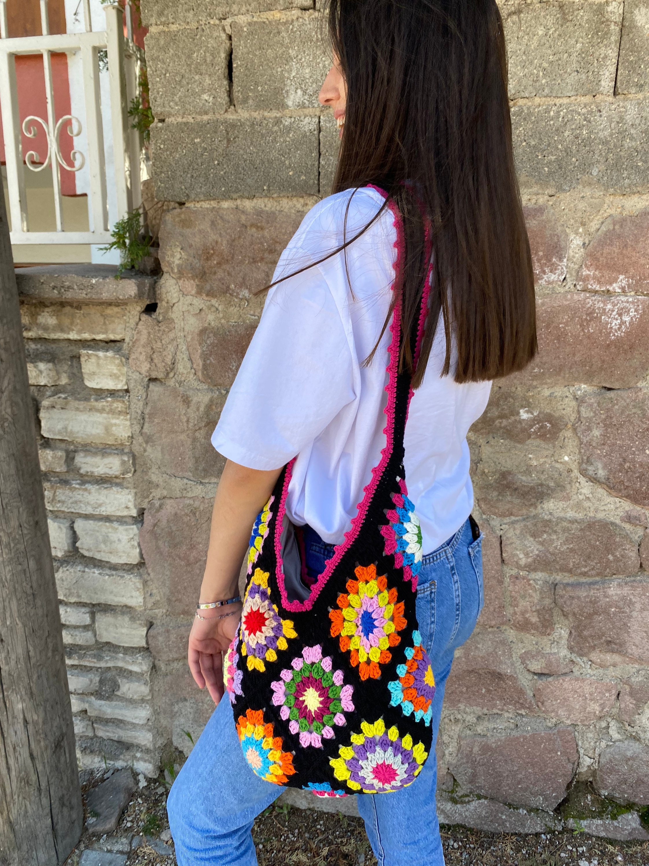Granny Square Bag, Boho Crossbody Crochet Tote, Colorful Afghan Handmade Bohemian Summer Beach Ac... — photo 3 of 10