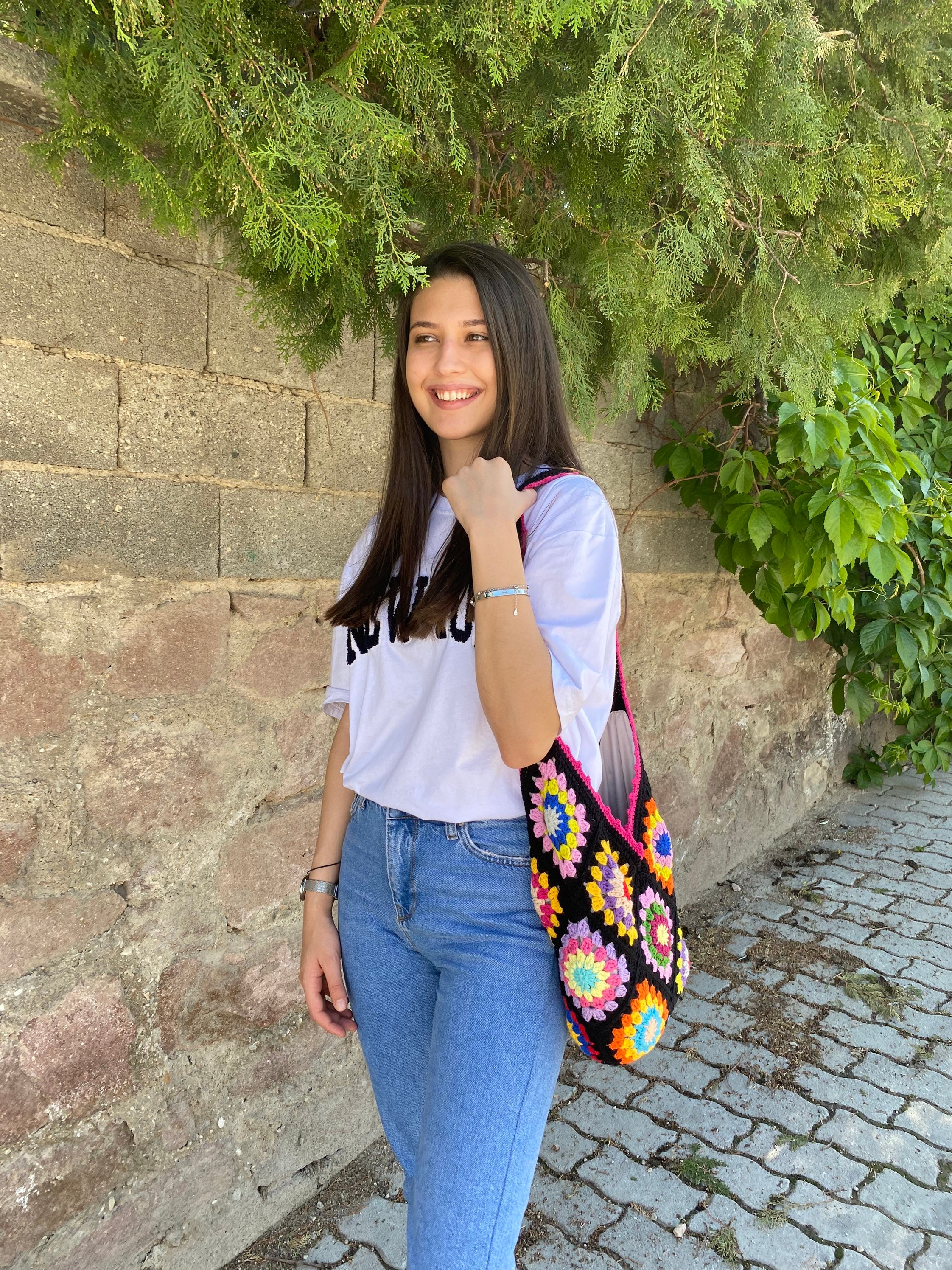 Granny Square Bag, Boho Crossbody Crochet Tote, Colorful Afghan Handmade Bohemian Summer Beach Ac... — photo 6 of 10