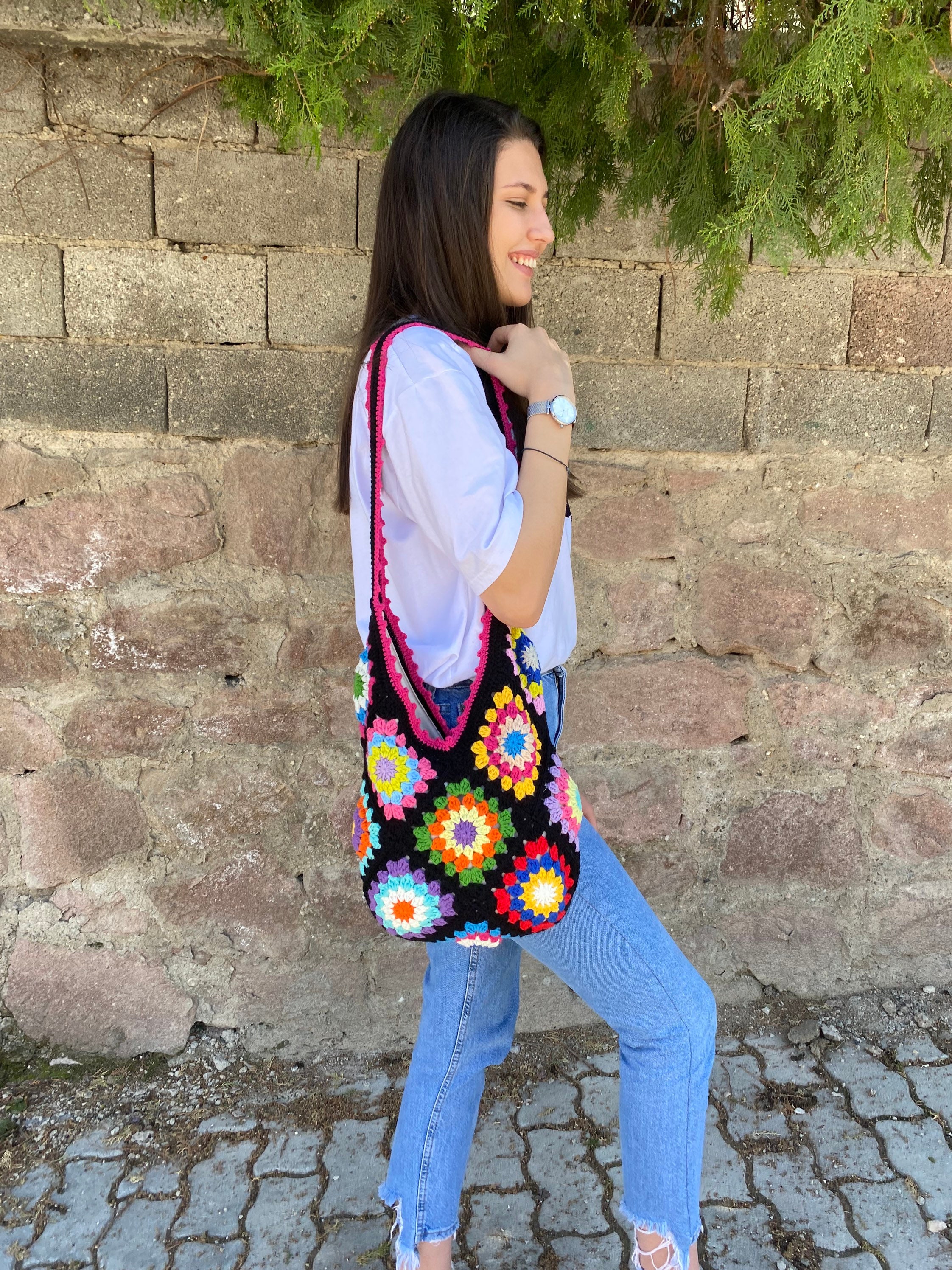 Granny Square Bag, Boho Crossbody Crochet Tote, Colorful Afghan Handmade Bohemian Summer Beach Ac... — photo 7 of 10