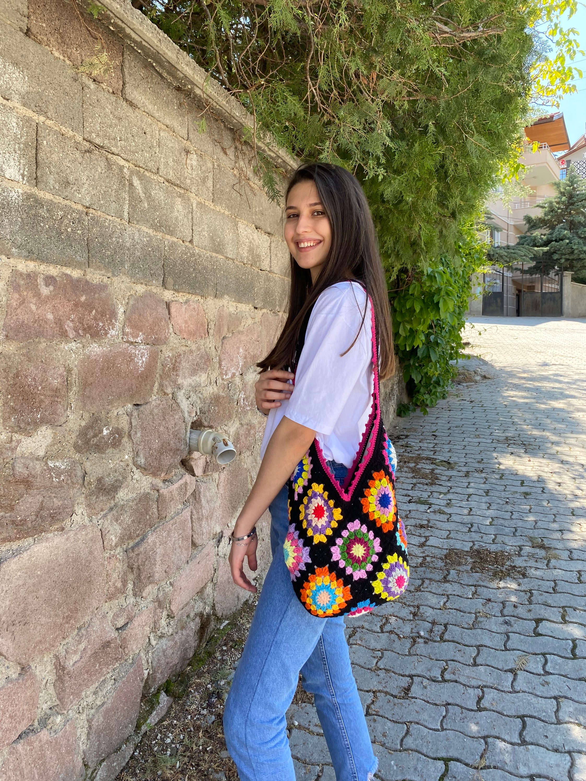 Granny Square Bag, Boho Crossbody Crochet Tote, Colorful Afghan Handmade Bohemian Summer Beach Ac... — photo 5 of 10